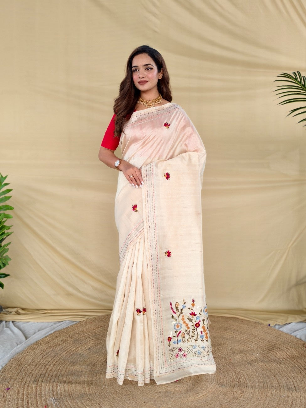 Mameraa Sarees Cream Pure Loom Tussar Saree With All Over Designer Embroidery-Cream - Dista