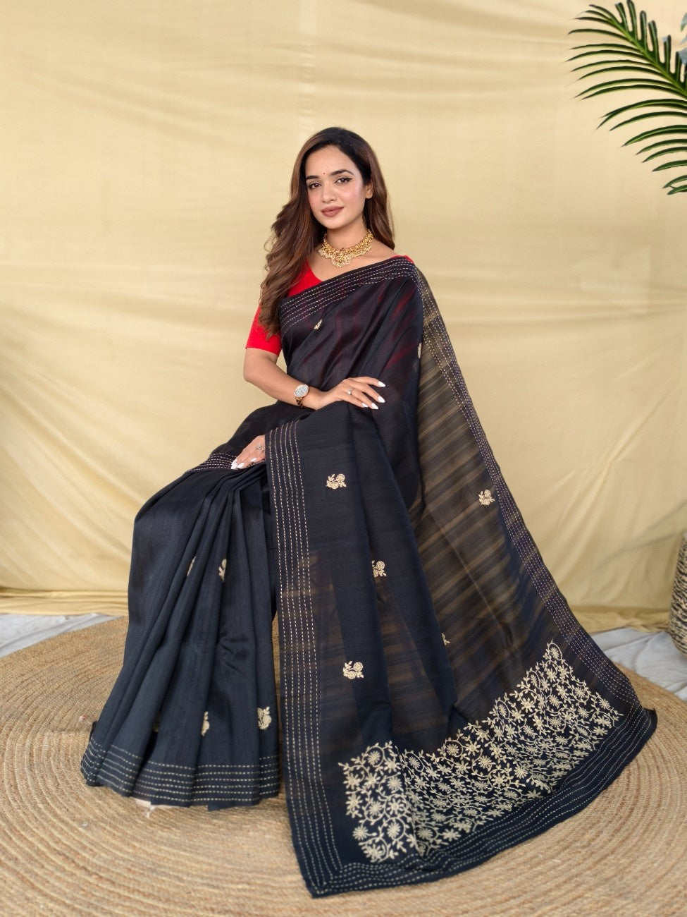 Mameraa Sarees Black Matka Silk Saree With All Over Designer Embroidery-Black - Dista