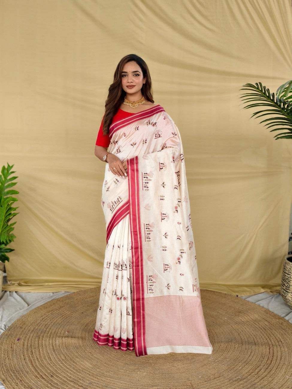 Mameraa Sarees White Heritage With A Royal Touch Tussar Silk Saree-White - Dista