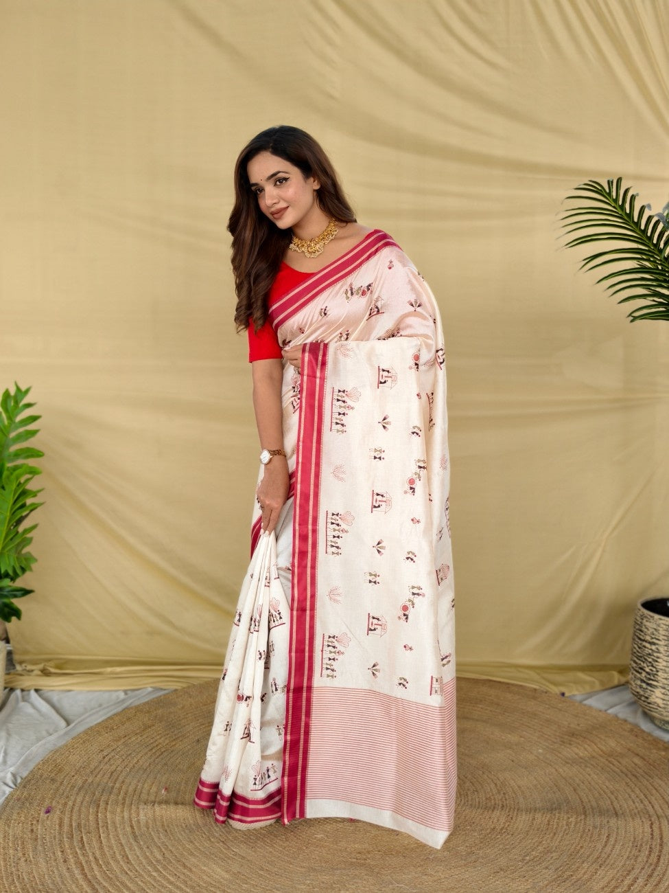 Mameraa Sarees White Heritage With A Royal Touch Tussar Silk Saree-White - Dista