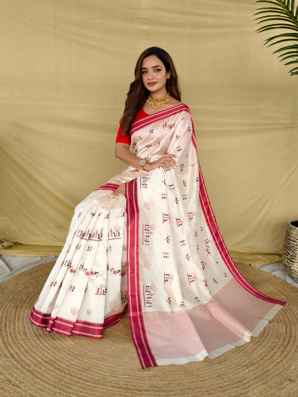 Mameraa Sarees White Heritage With A Royal Touch Tussar Silk Saree-White - Dista