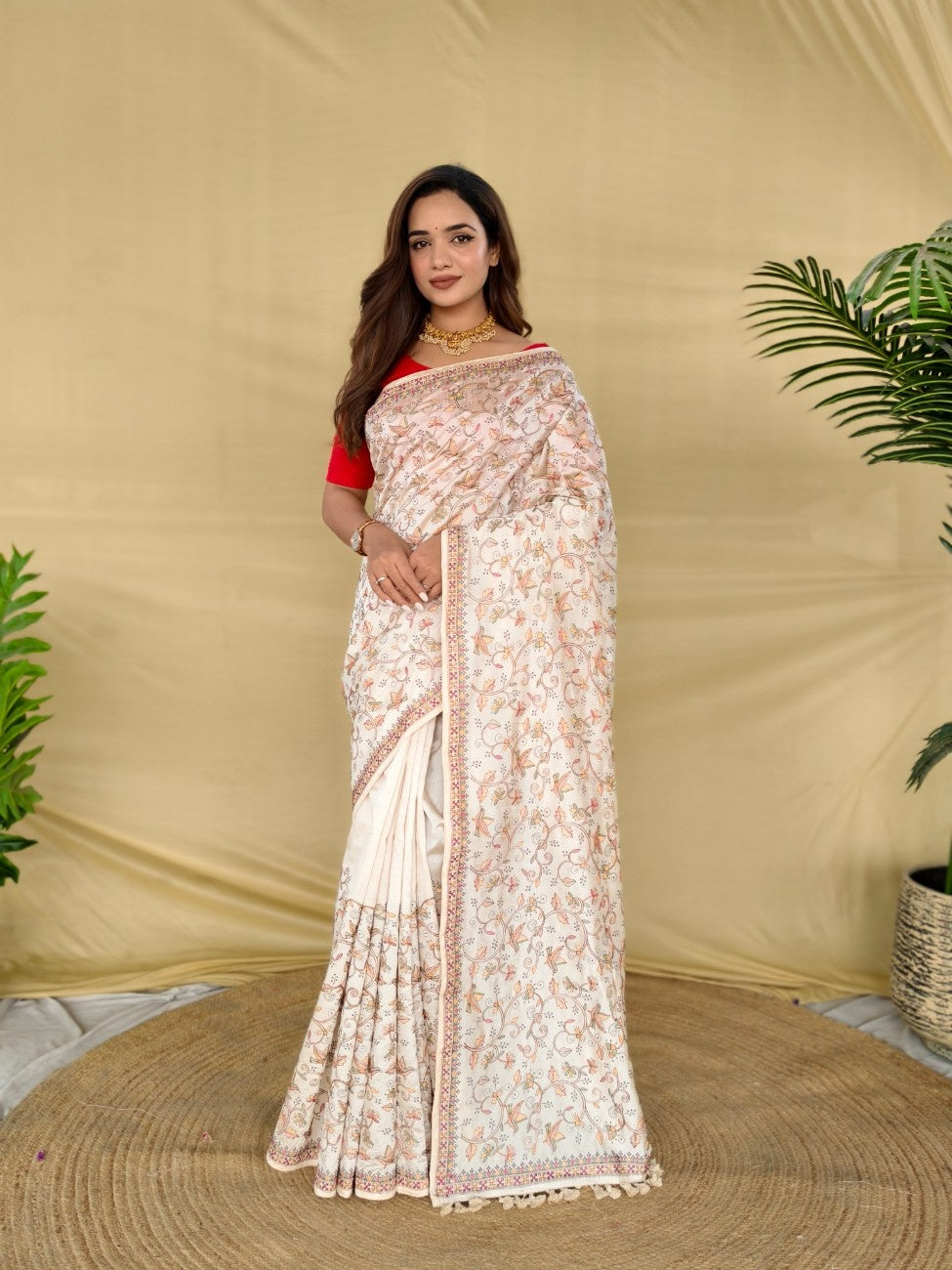 Mameraa Sarees Cream Pure Loom Tussar Saree With All Over Designer Embroidery-Cream - Dista