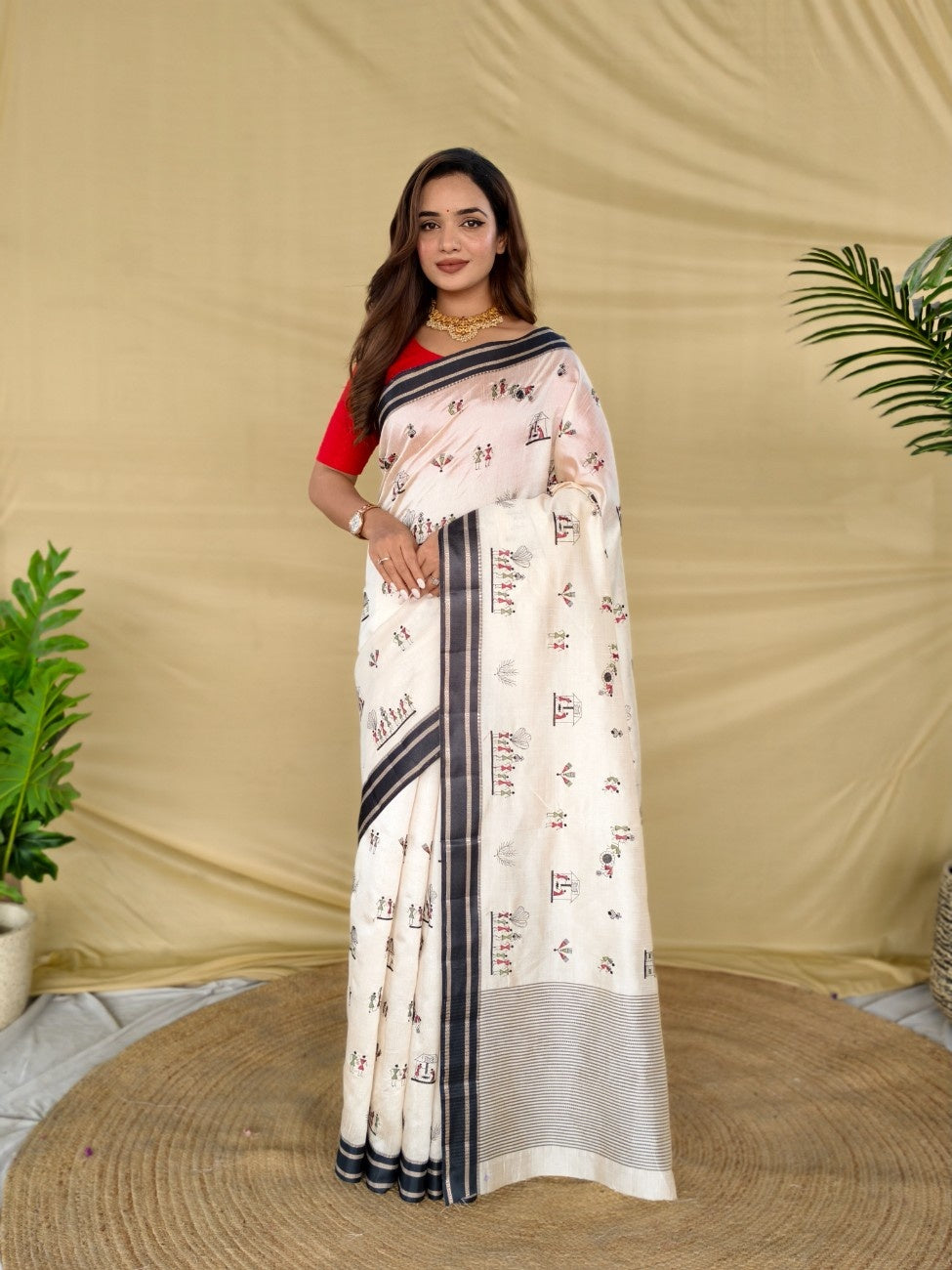 Mameraa Sarees White Heritage With A Royal Touch Tussar Silk Saree-White - Dista