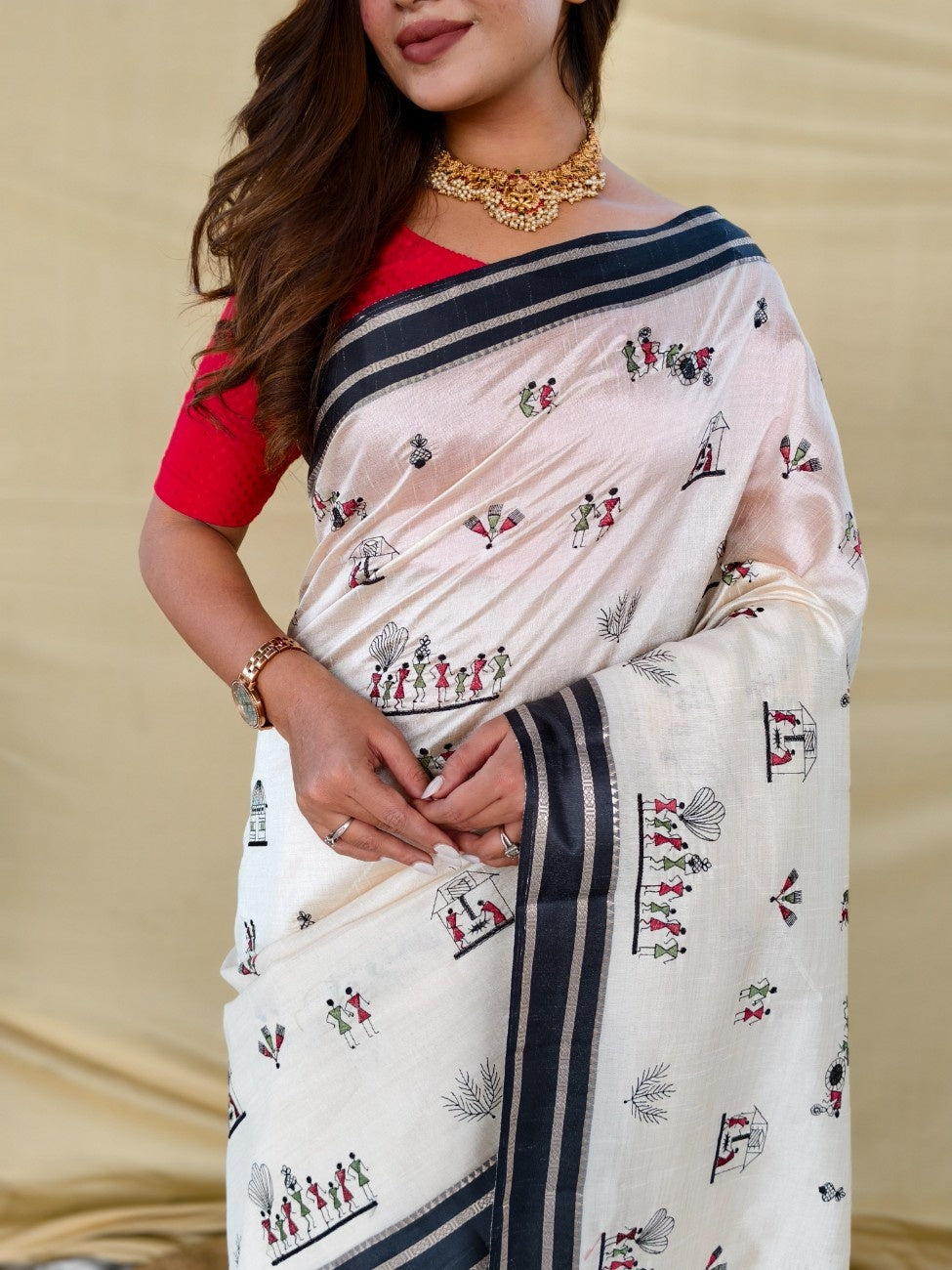 Mameraa Sarees White Heritage With A Royal Touch Tussar Silk Saree-White - Dista