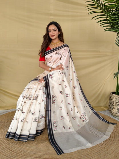 Mameraa Sarees White Heritage With A Royal Touch Tussar Silk Saree-White - Dista