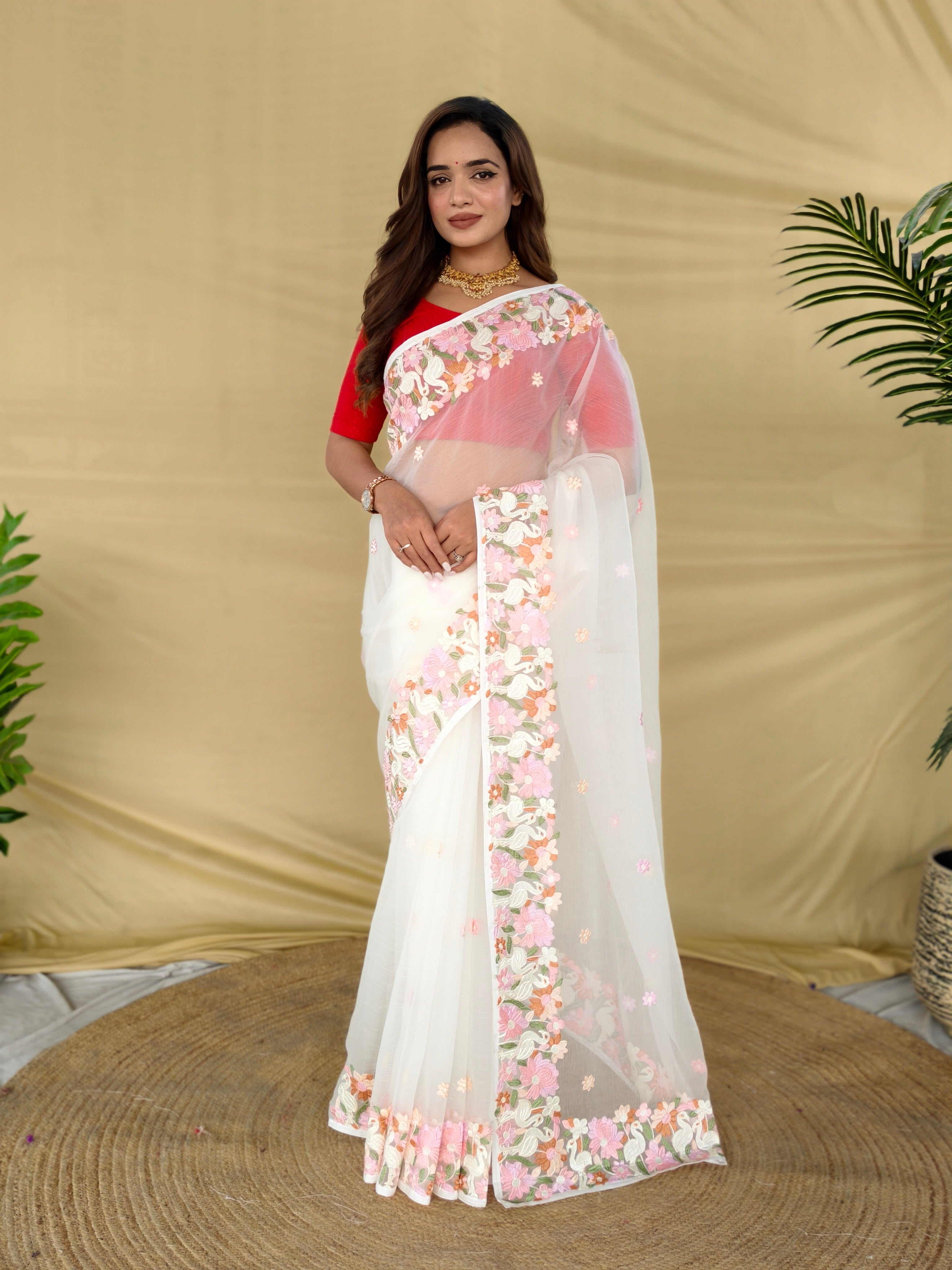 Mameraa Sarees White Premium Chiffon Saree With All Over Designer Embroidery-White - Dista