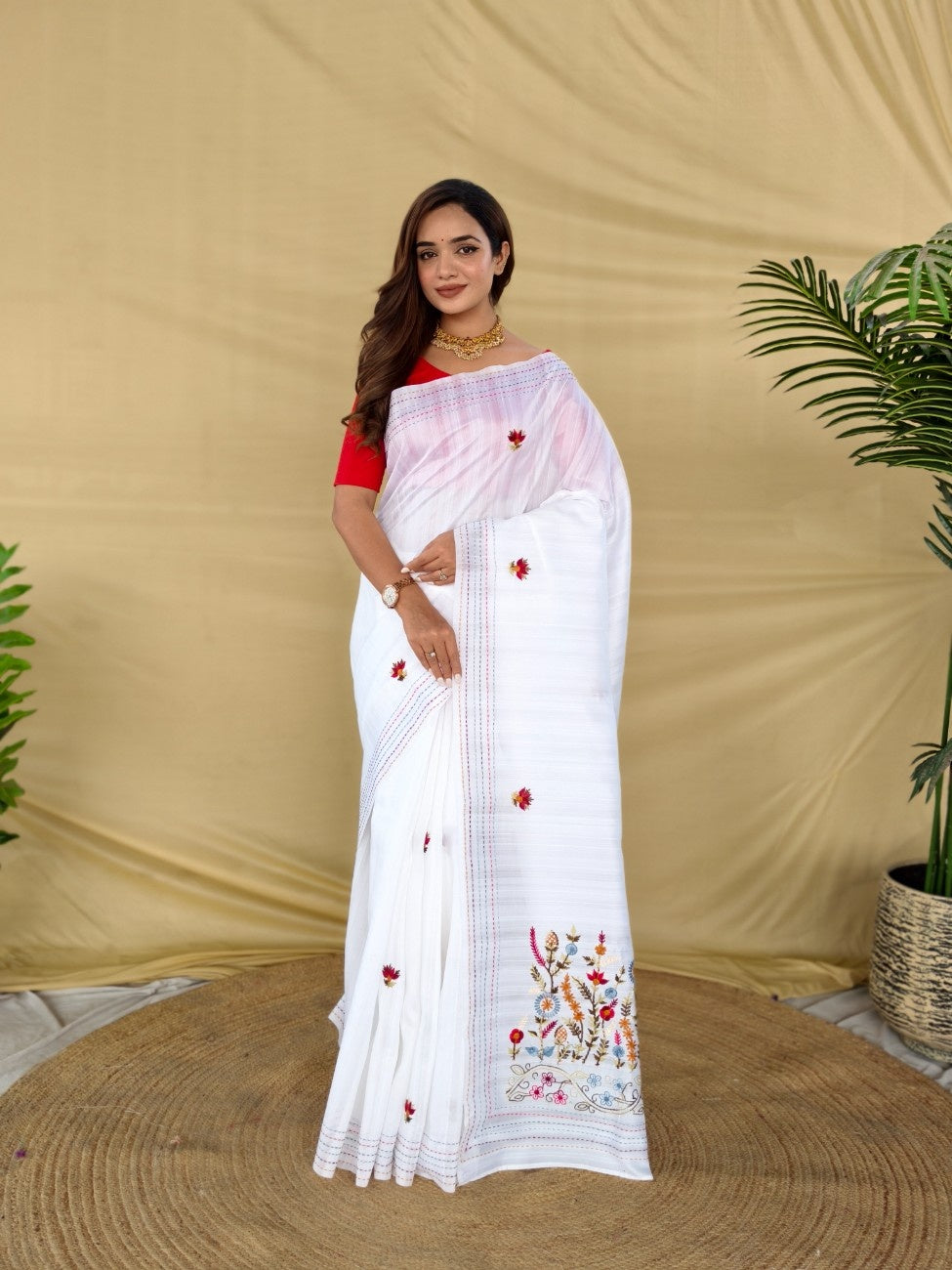 Mameraa Sarees White Pure Loom Tussar Saree With All Over Designer Embroidery-White - Dista