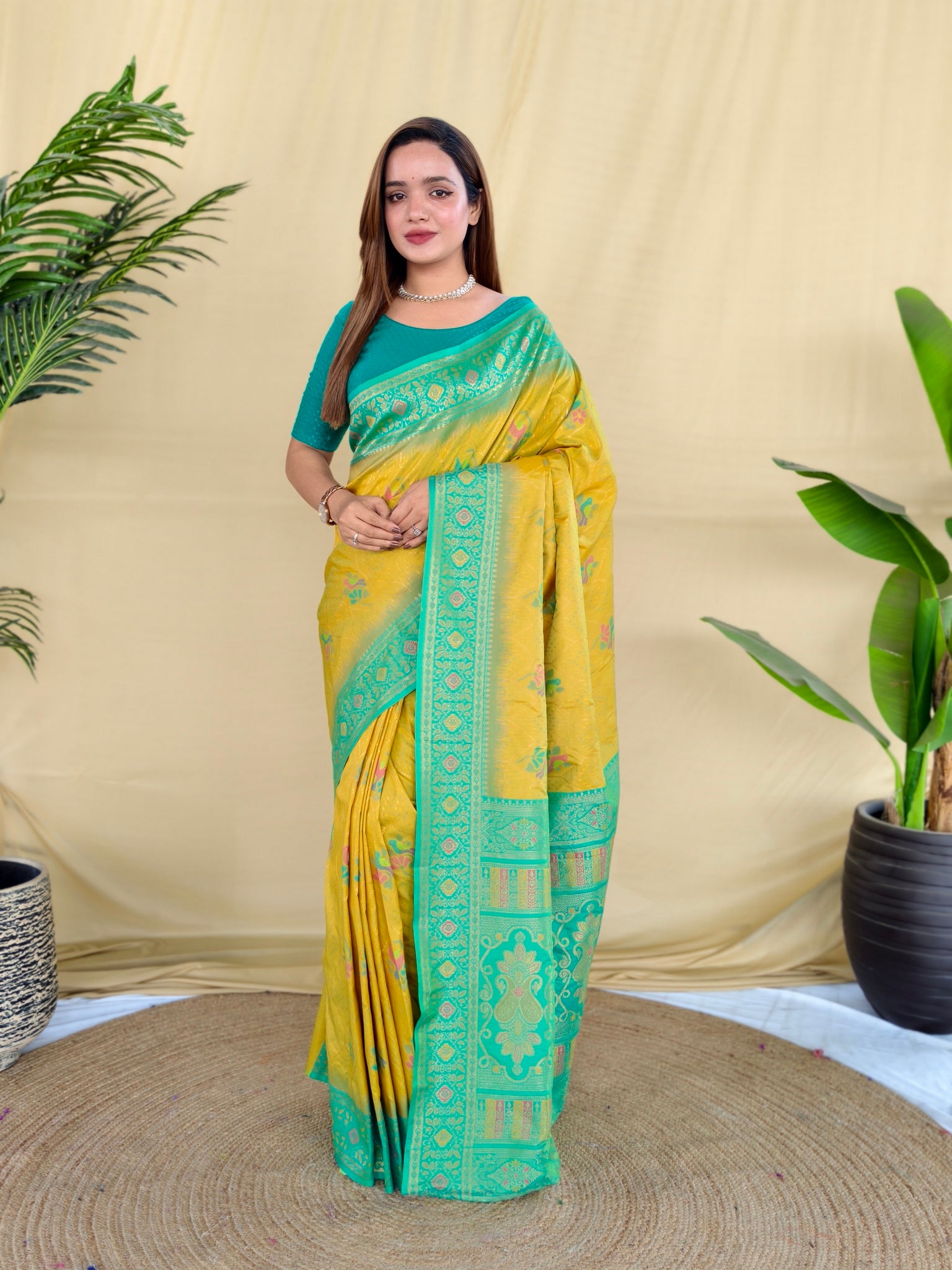 Mameraa Sarees Yellow Silk Saree Featuring Elegant Traditional Motifs All Over The Saree With Contrast Blouse-Yellow - Dista