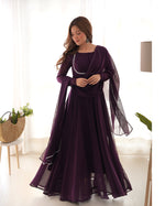 Thumbnail for Lorenvalley Fashion Wine Georgette Anarkali Gown Dupatta Set With Pant Ready to Wear - Wine - Distacart