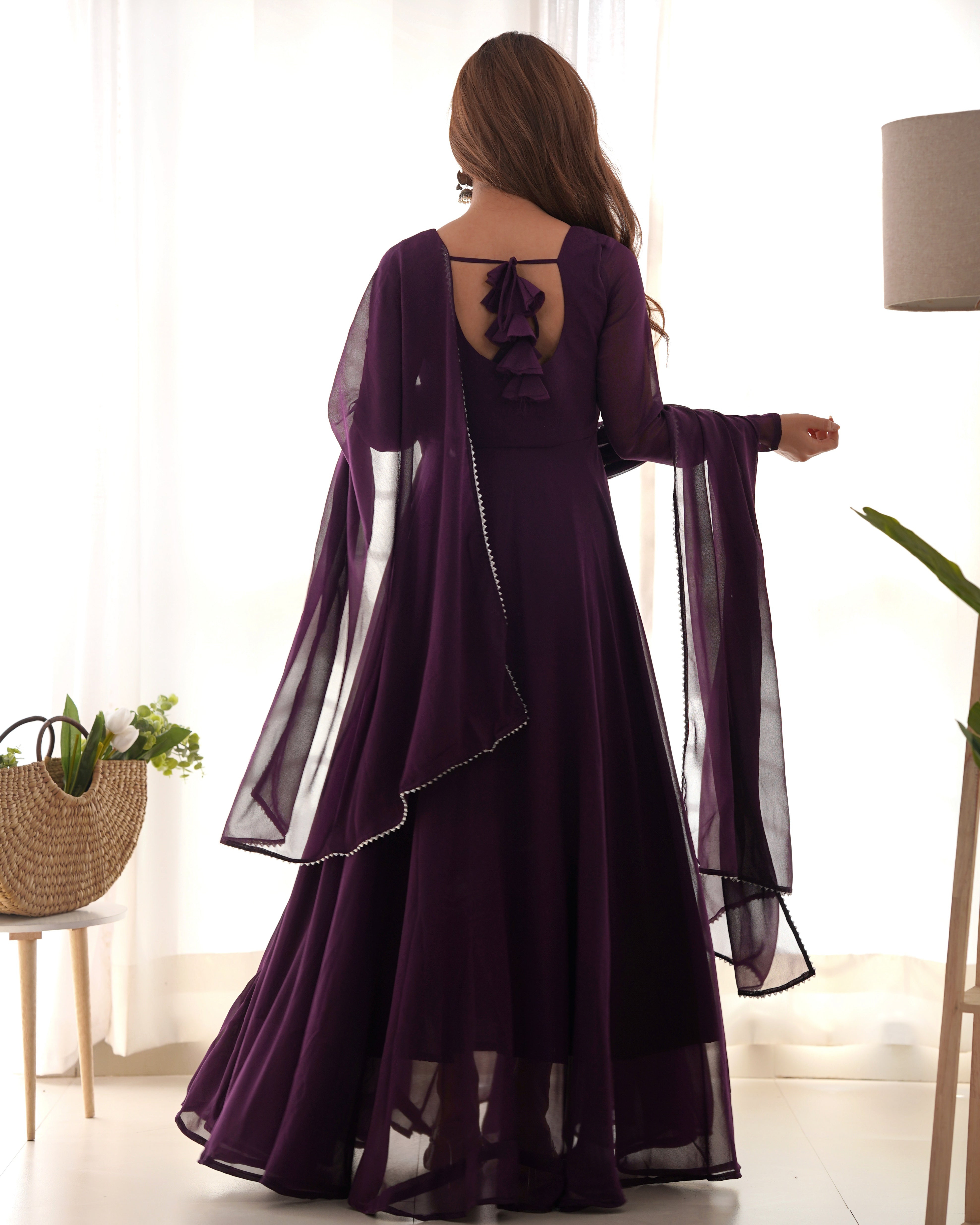 Lorenvalley Fashion Wine Georgette Anarkali Gown Dupatta Set With Pant Ready to Wear - Wine - Distacart