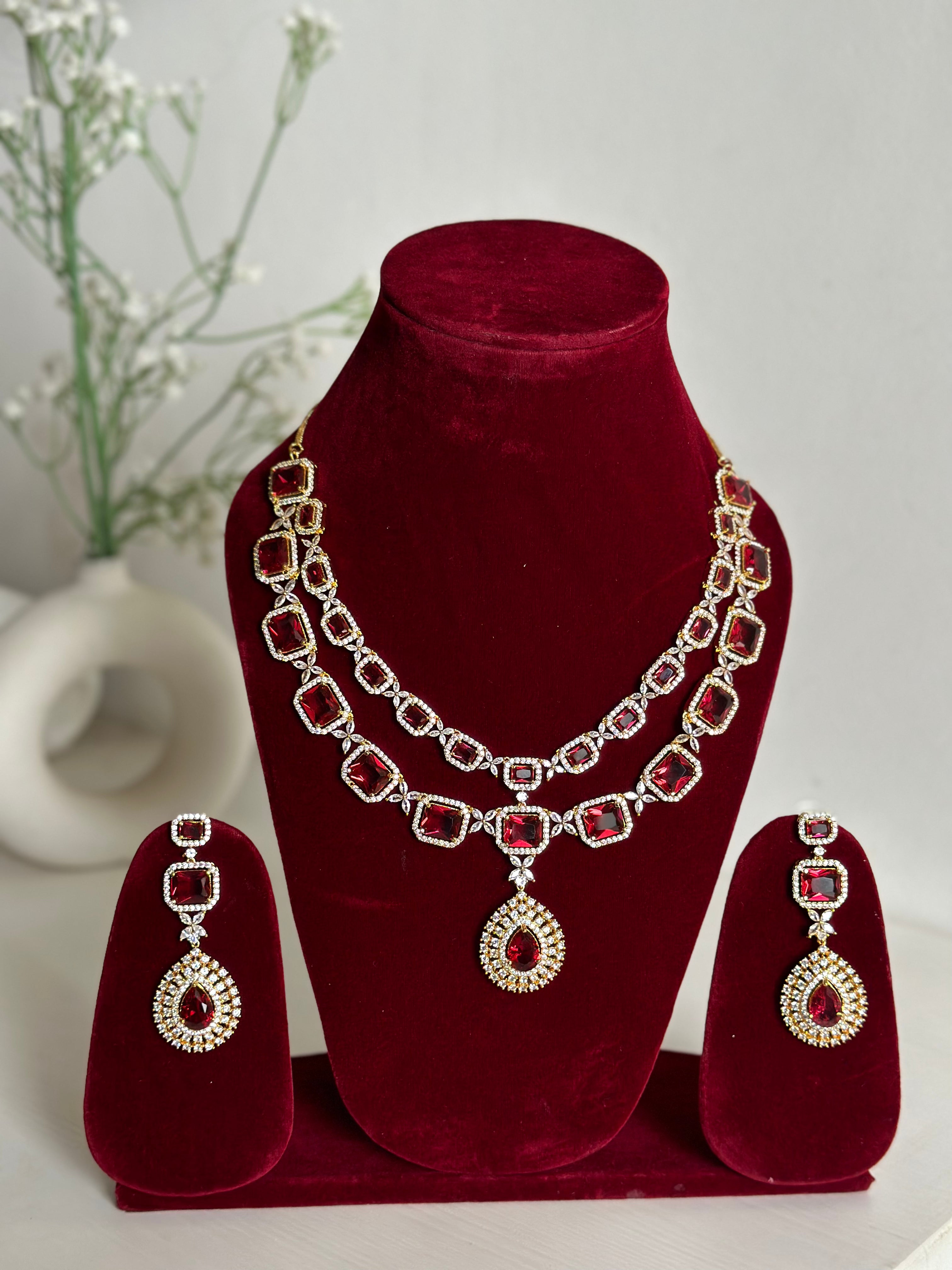 Red American Diamond Two Layer Elegent Necklace Set With Earrings By House of Ree - Distacart