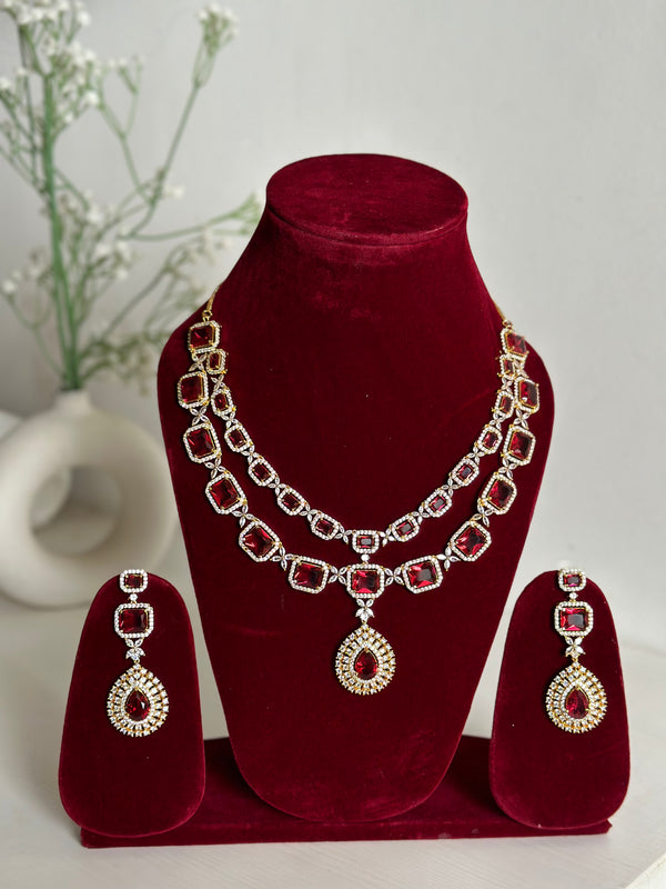 Red American Diamond Two Layer Elegent Necklace Set With Earrings By House of Ree - Distacart