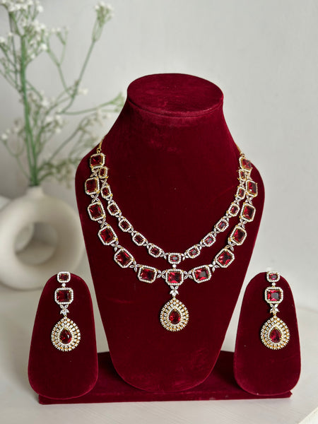 Red American Diamond Two Layer Elegent Necklace Set With Earrings By House of Ree - Distacart