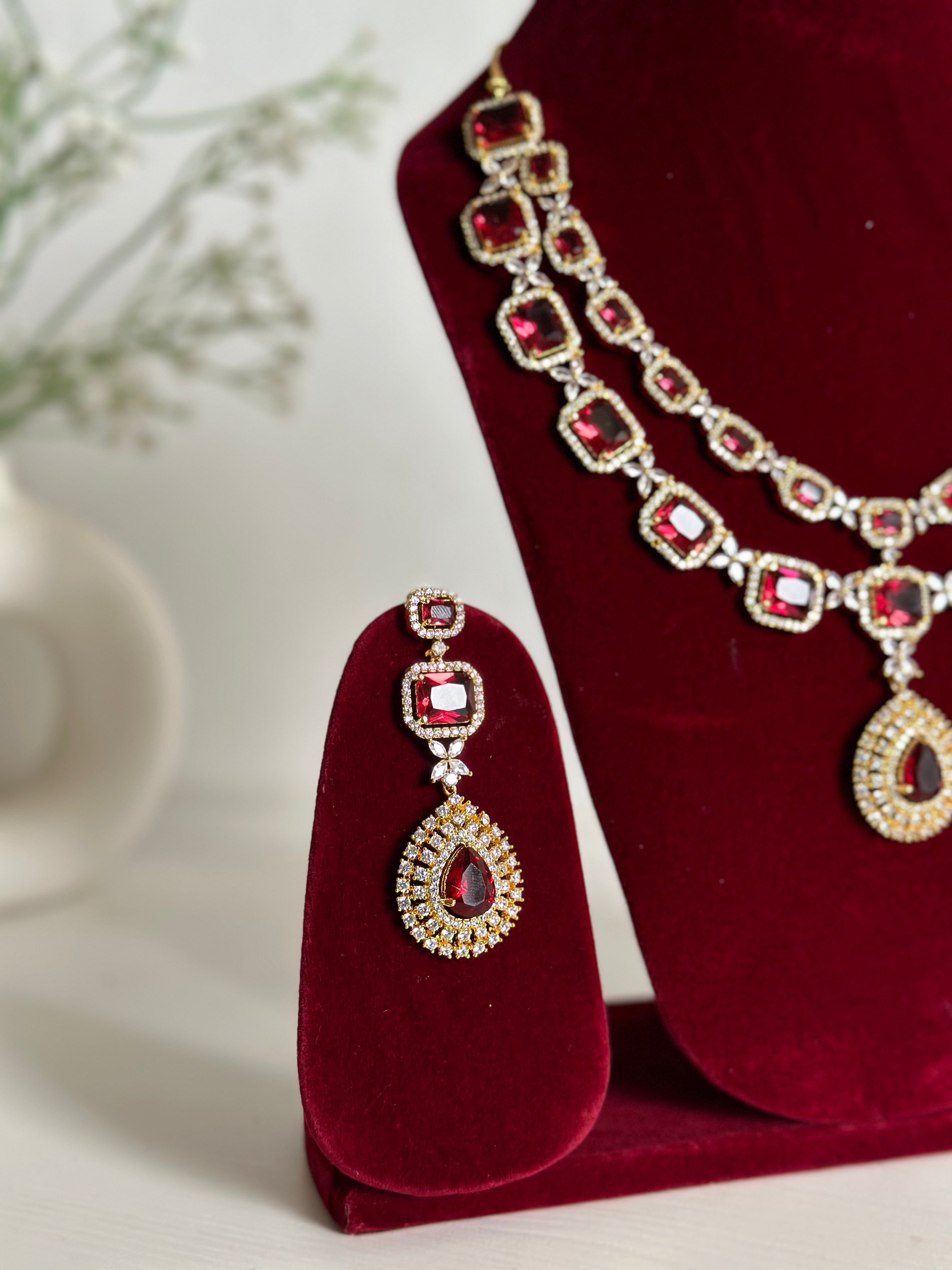 Red American Diamond Two Layer Elegent Necklace Set With Earrings By House of Ree - Distacart