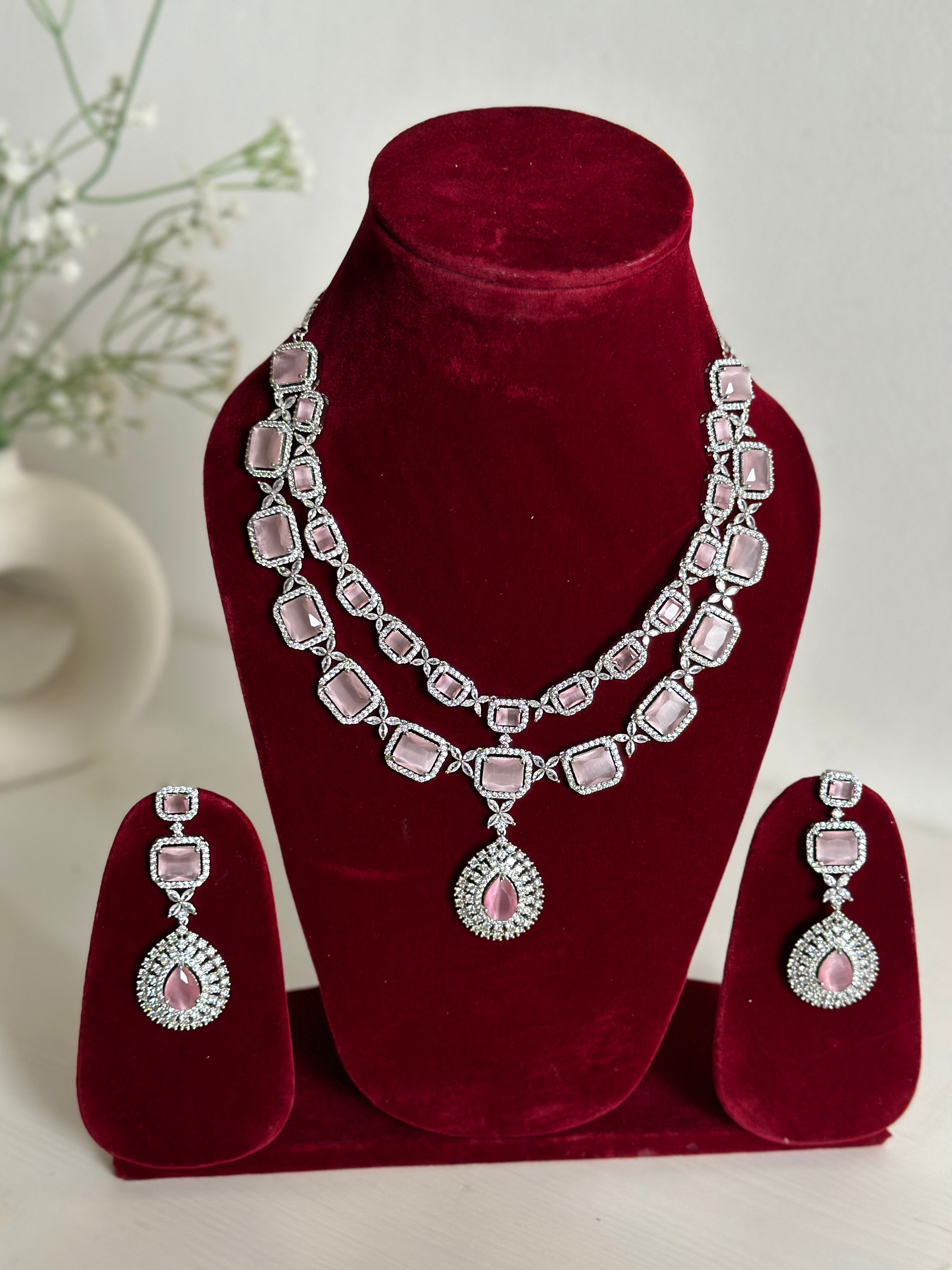 Baby Pink American Diamond Two Layer Elegent Necklace Set With Earrings By House of Ree - Distacart
