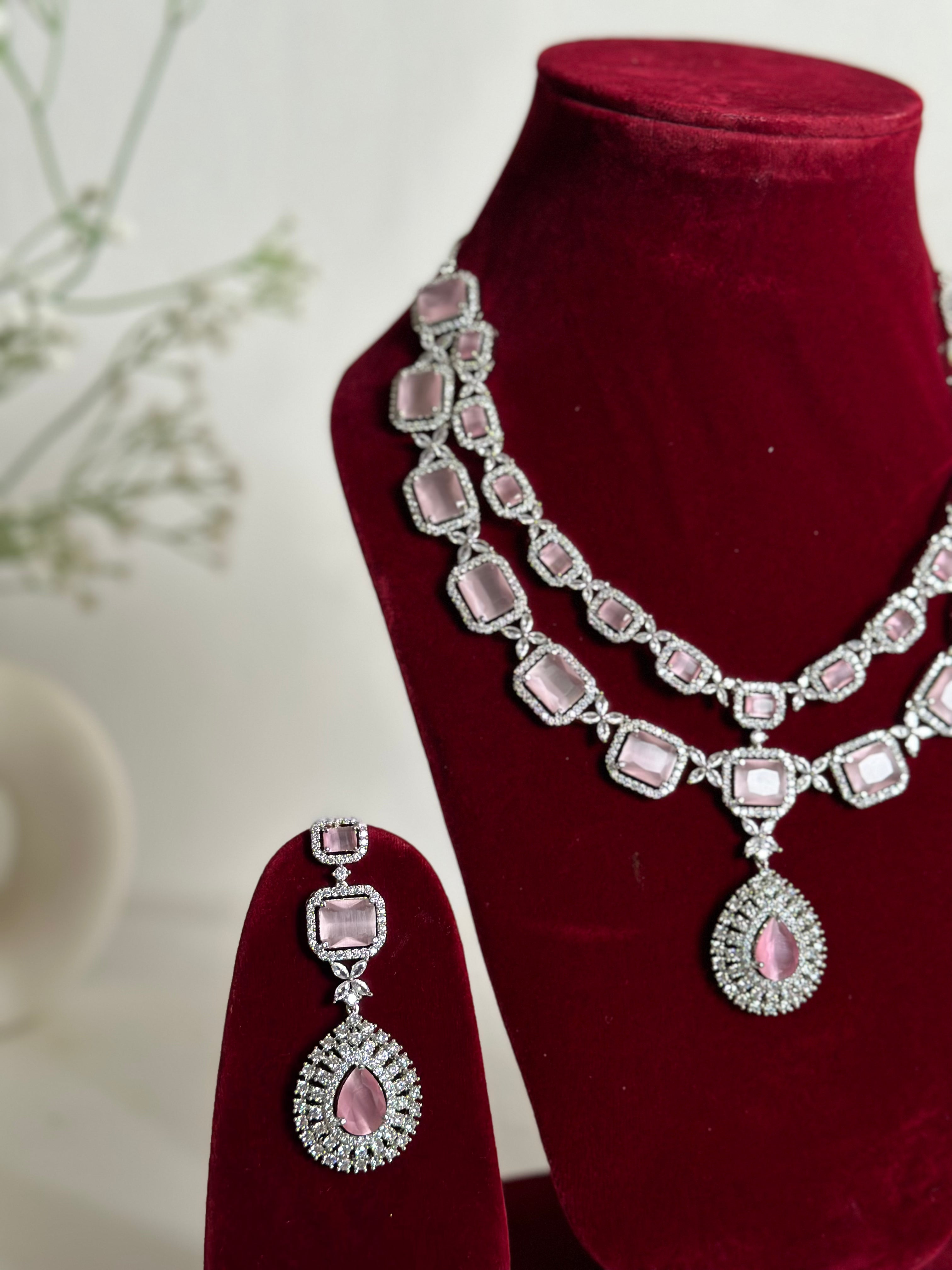 Baby Pink American Diamond Two Layer Elegent Necklace Set With Earrings By House of Ree - Distacart
