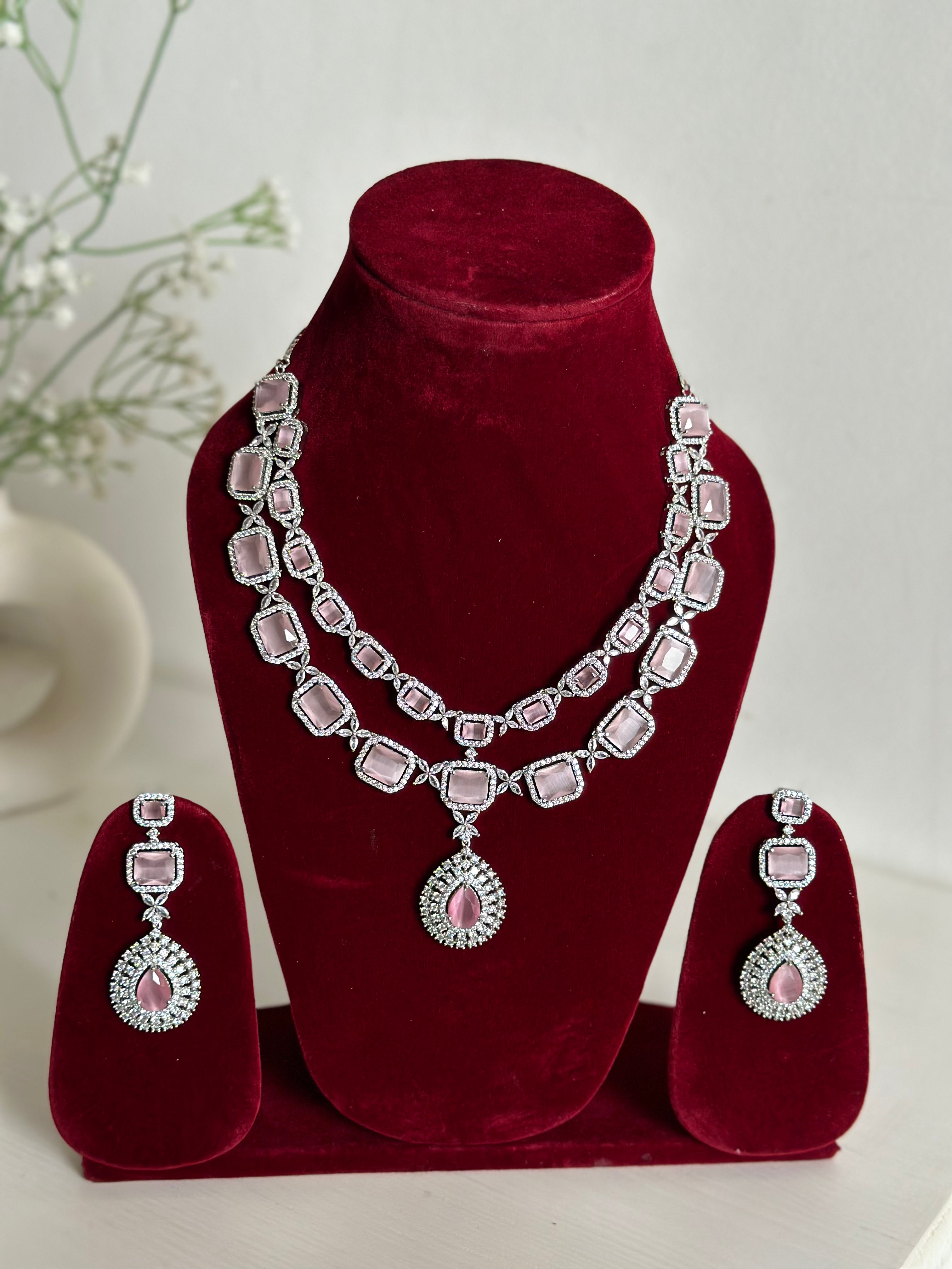 Baby Pink American Diamond Two Layer Elegent Necklace Set With Earrings By House of Ree - Distacart