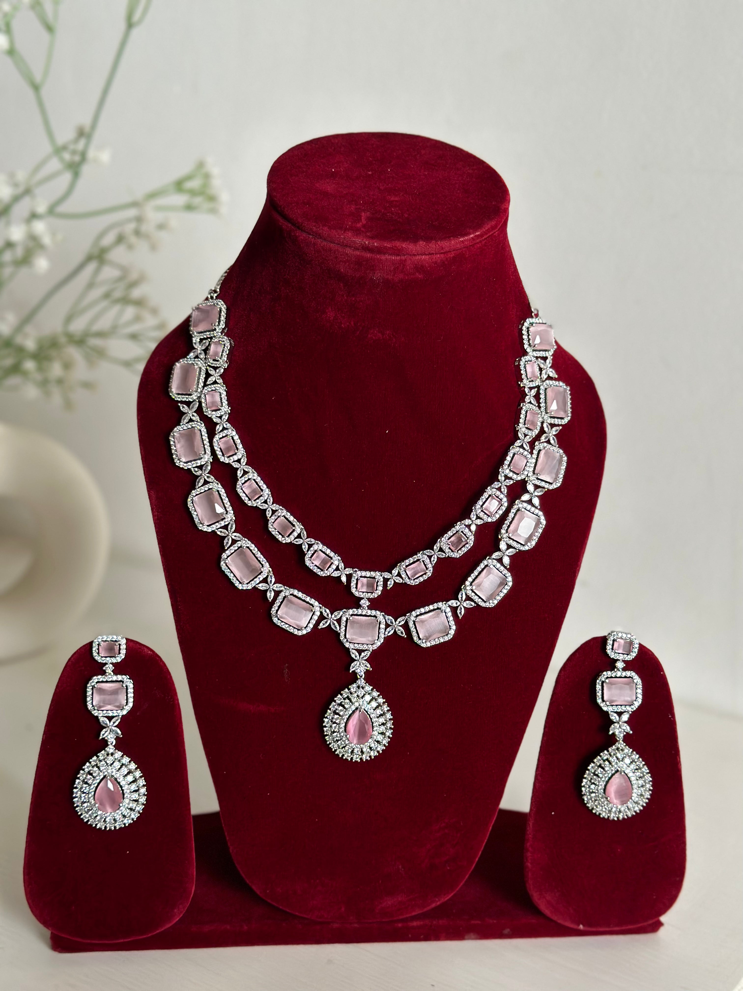 Baby Pink American Diamond Two Layer Elegent Necklace Set With Earrings By House of Ree - Distacart