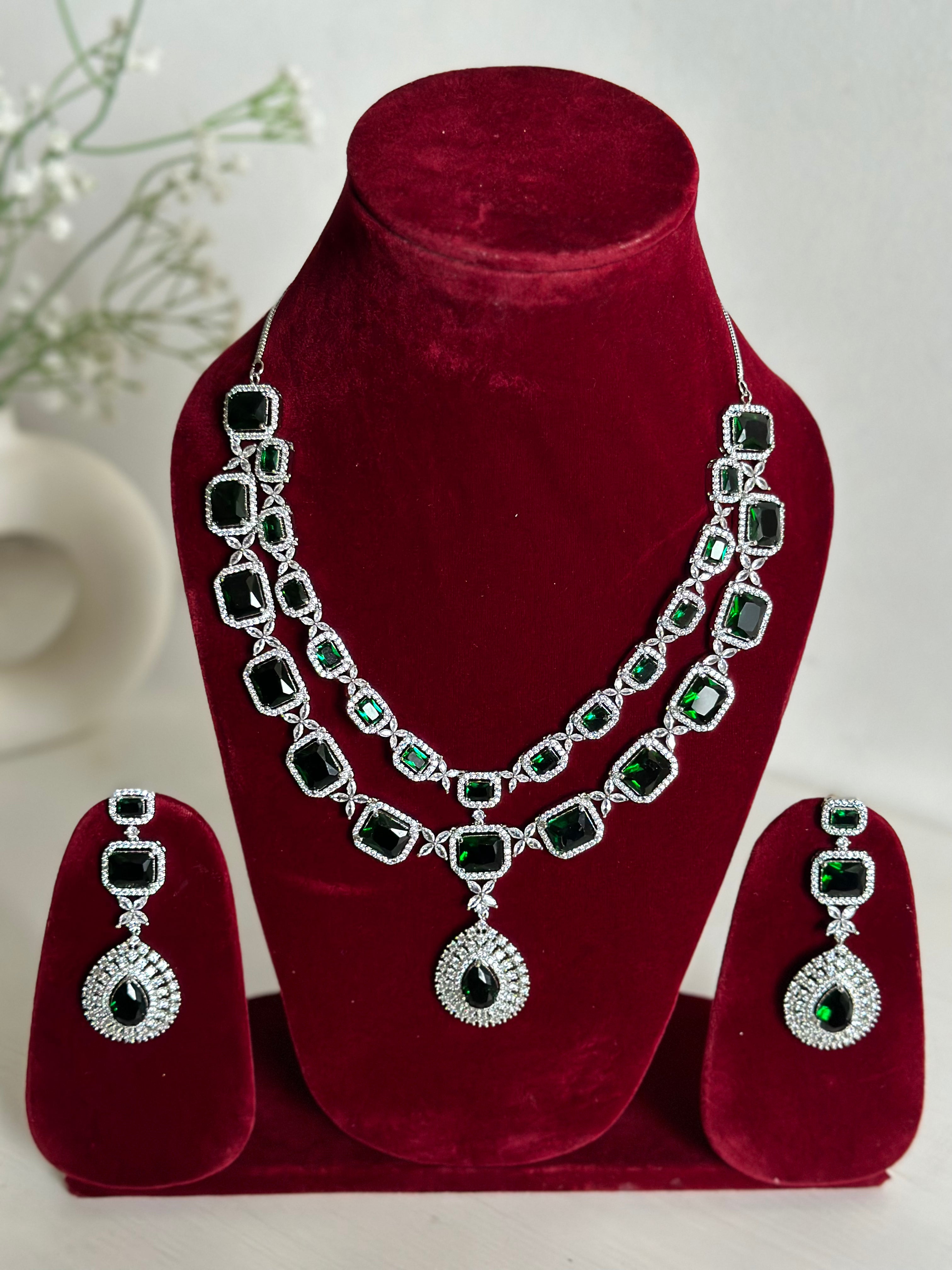 Green American Diamond Two Layer Elegent Necklace Set With Earrings By House of Ree - Distacart