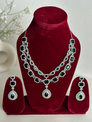 Green American Diamond Two Layer Elegent Necklace Set With Earrings By House of Ree