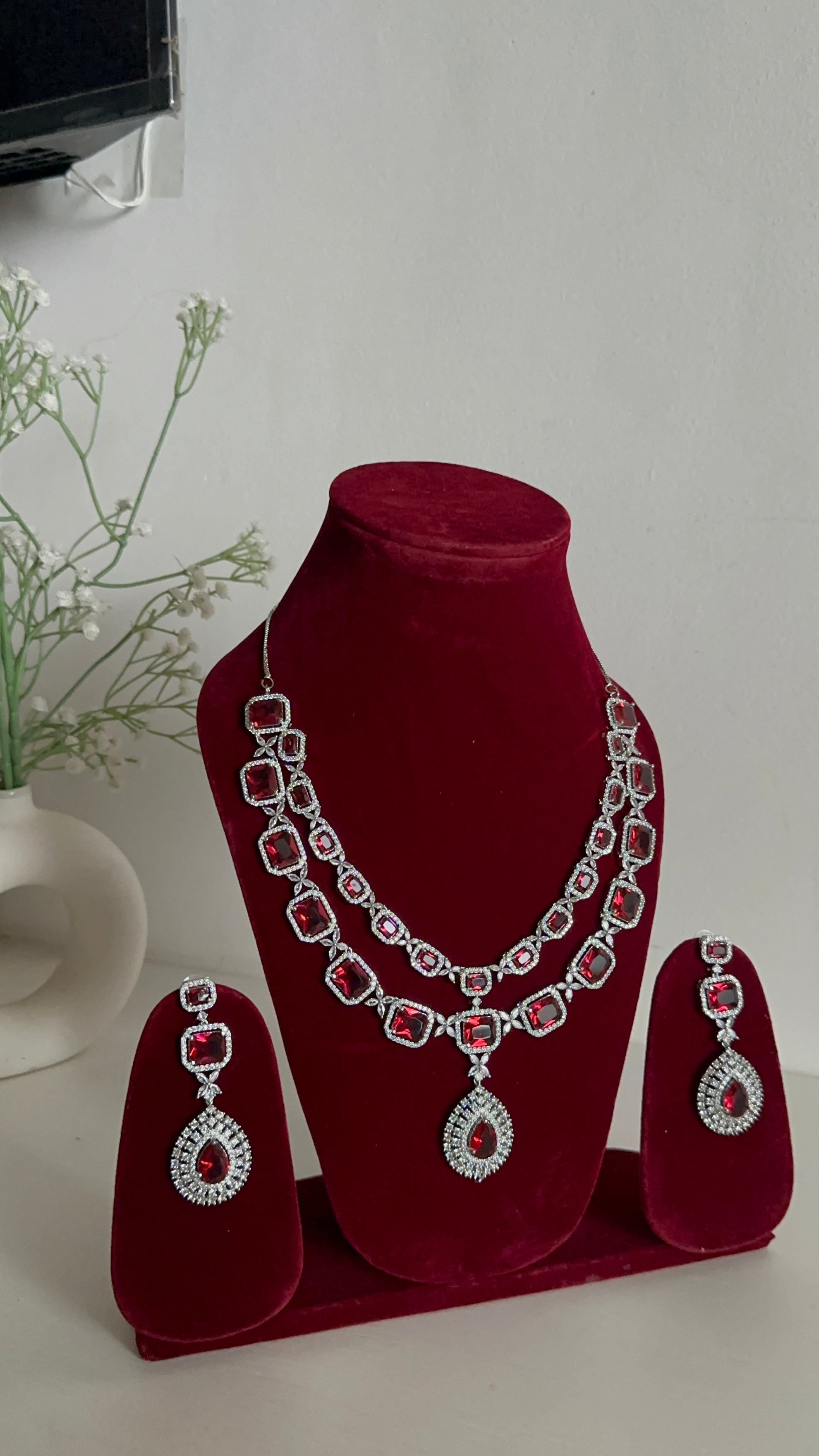 Red American Diamond Two Layer Elegent Necklace Set With Earrings By House of Ree - Distacart