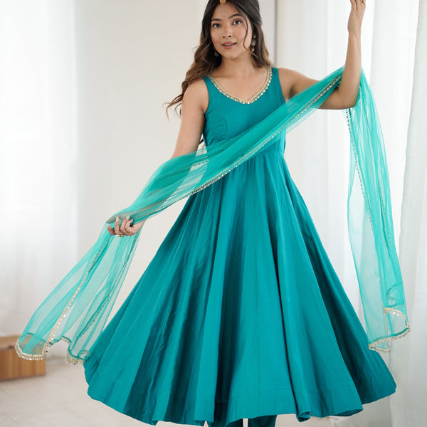 Evanik Rama Pure Romansilk Chanderi Plain Fully Flair Anarkali Suit - Distacart