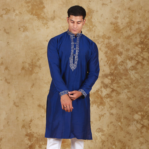 Bluesaanchi Men's Sunshine Handwoven Embroidered Dark BlueKurta Set - Distacart
