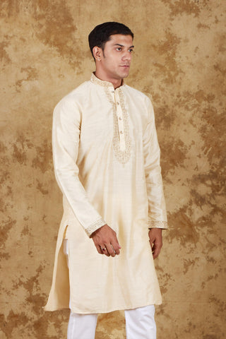 Bluesaanchi Men's Sunshine Handwoven Embroidered Cosmic LatteKurta Set - Distacart