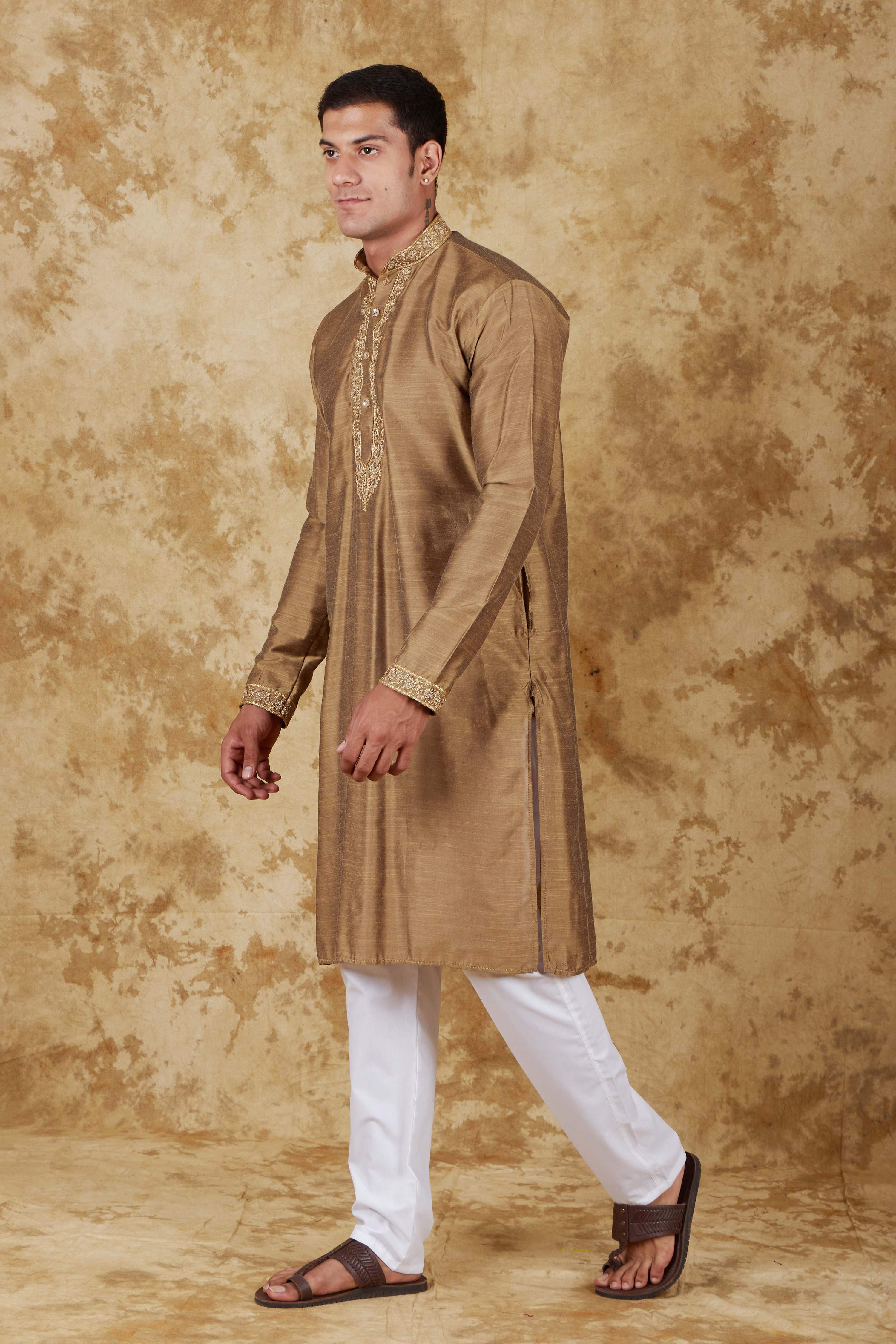 Bluesaanchi Men's Sunshine Handwoven Embroidered Raw UmberKurta Set - Distacart