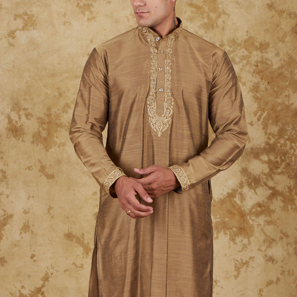 Bluesaanchi Men's Sunshine Handwoven Embroidered Raw UmberKurta Set - Distacart