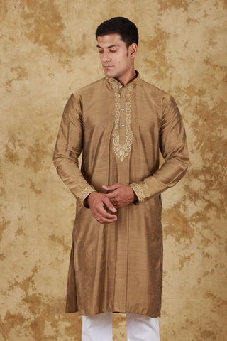 Bluesaanchi Men's Sunshine Handwoven Embroidered Raw UmberKurta Set - Distacart