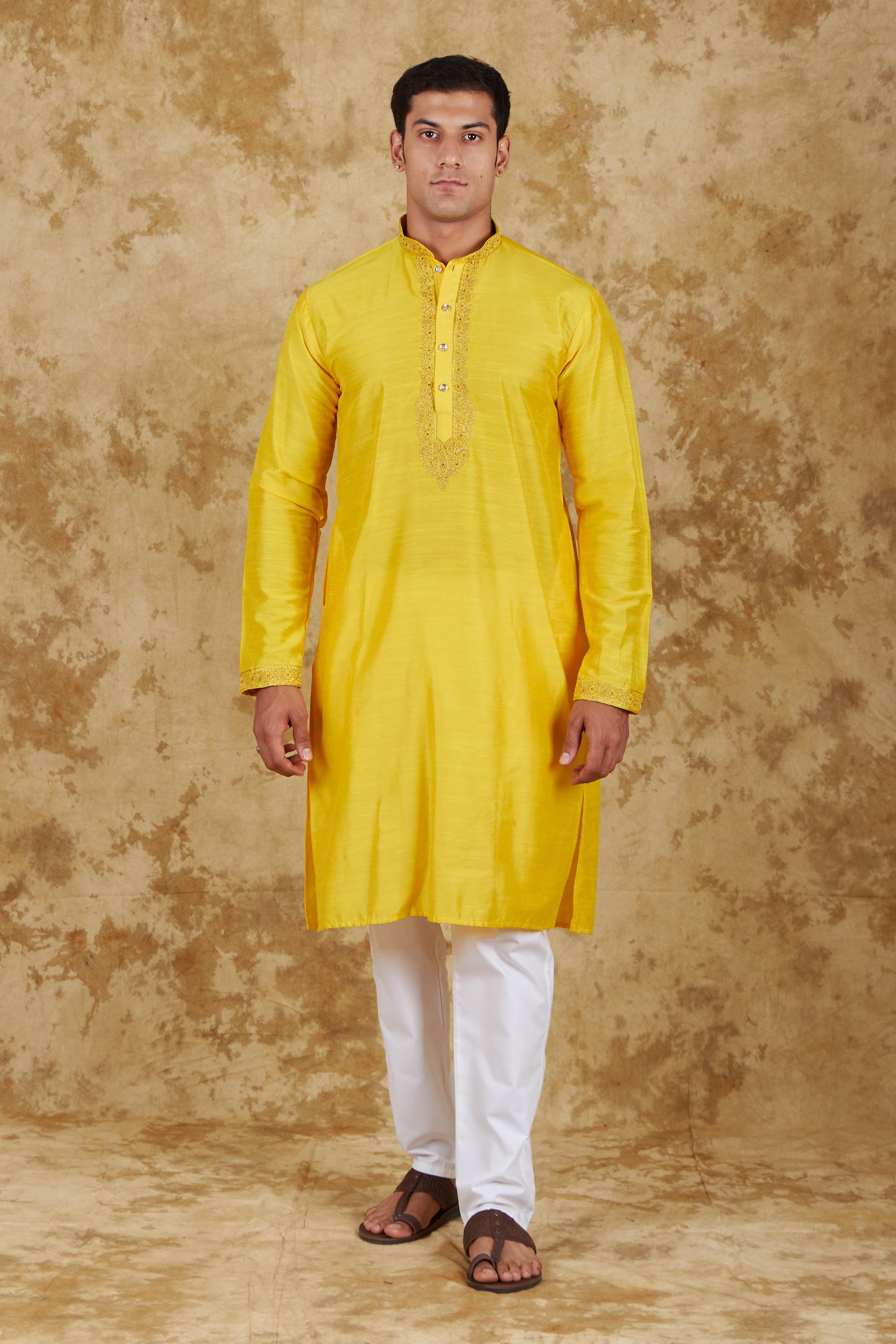 Bluesaanchi Men's Sunshine Handwoven Embroidered Maize YellowKurta Set - Distacart
