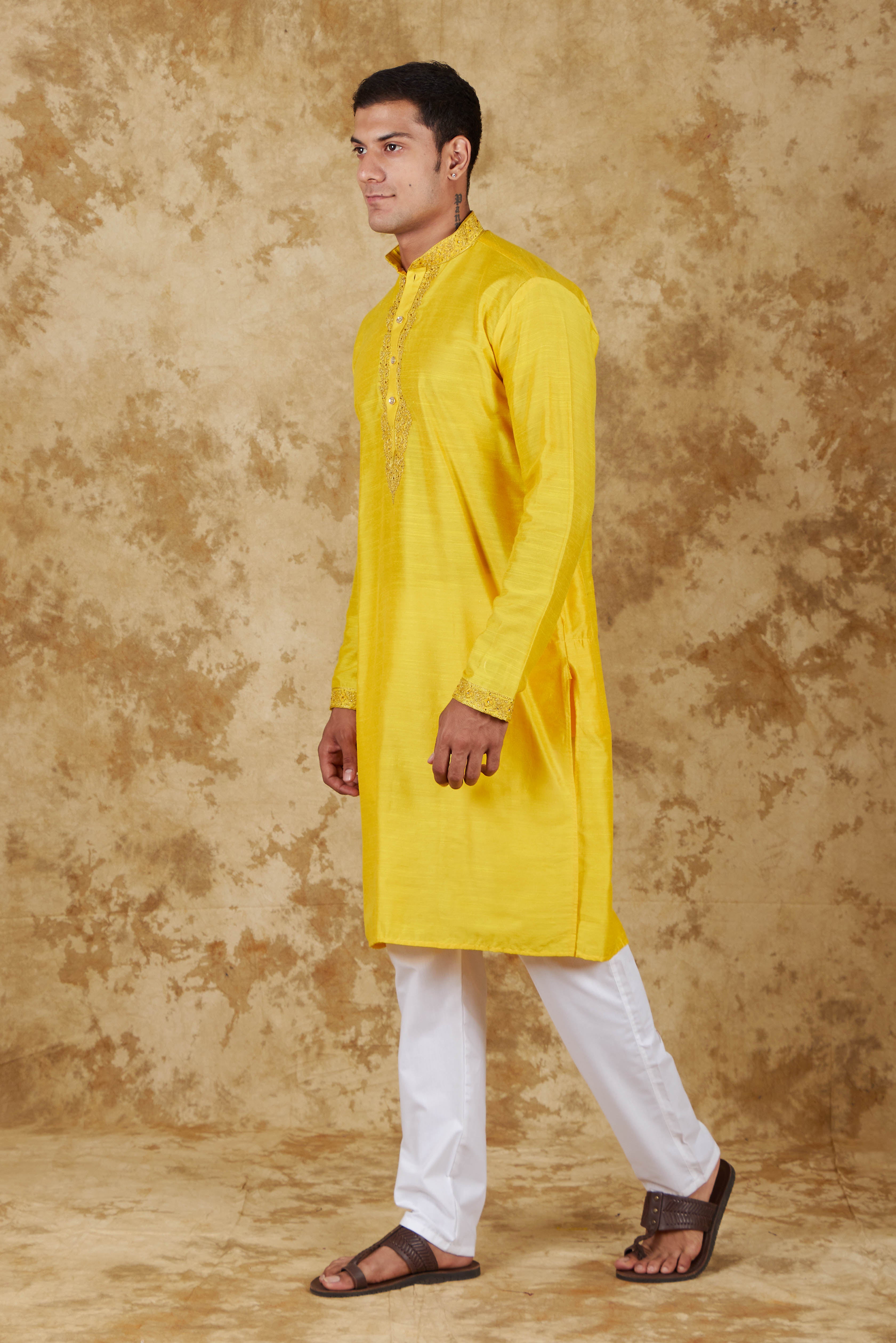Bluesaanchi Men's Sunshine Handwoven Embroidered Maize YellowKurta Set - Distacart
