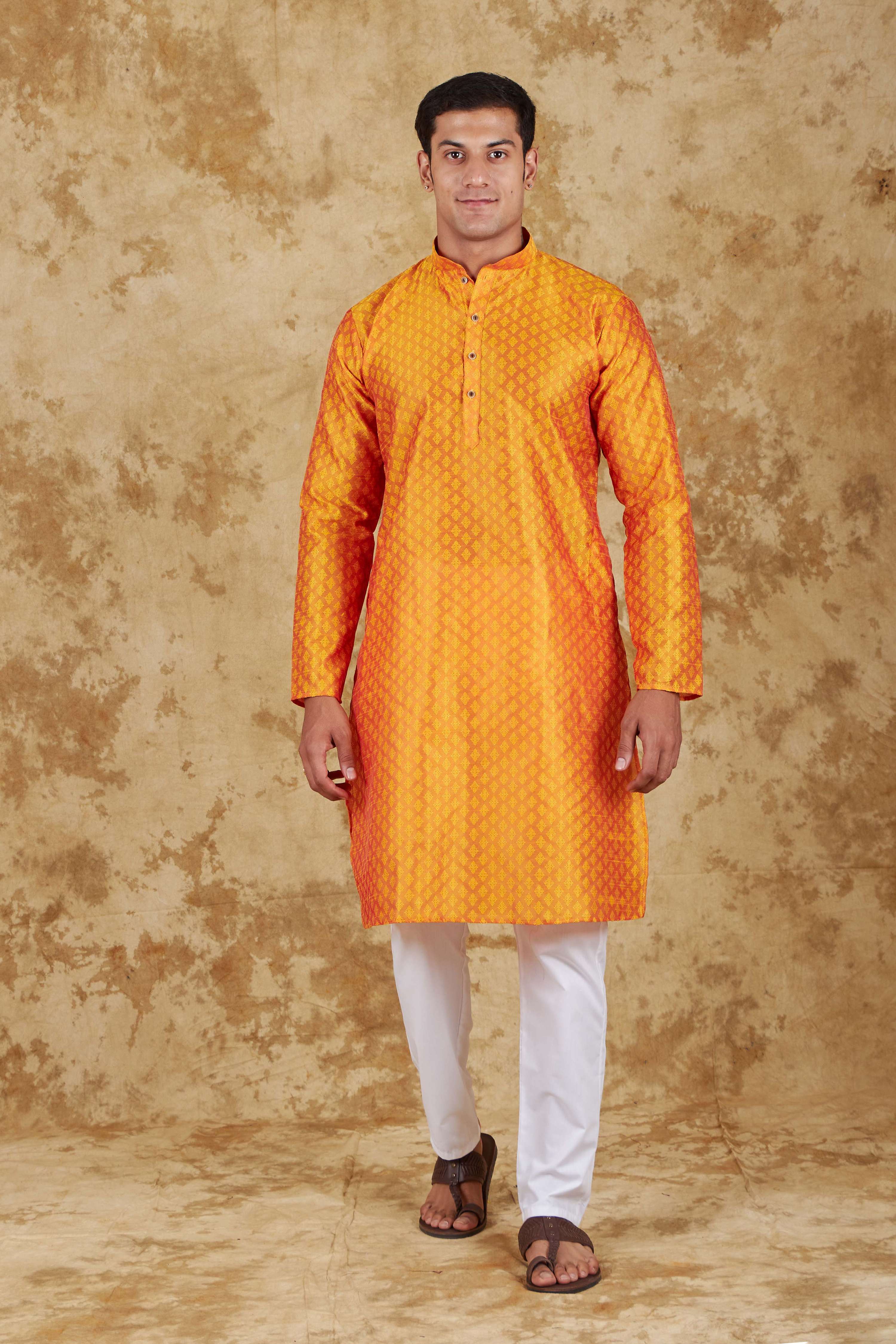 Bluesaanchi Men's Orange Banarasi Silk Kurta Set - Distacart