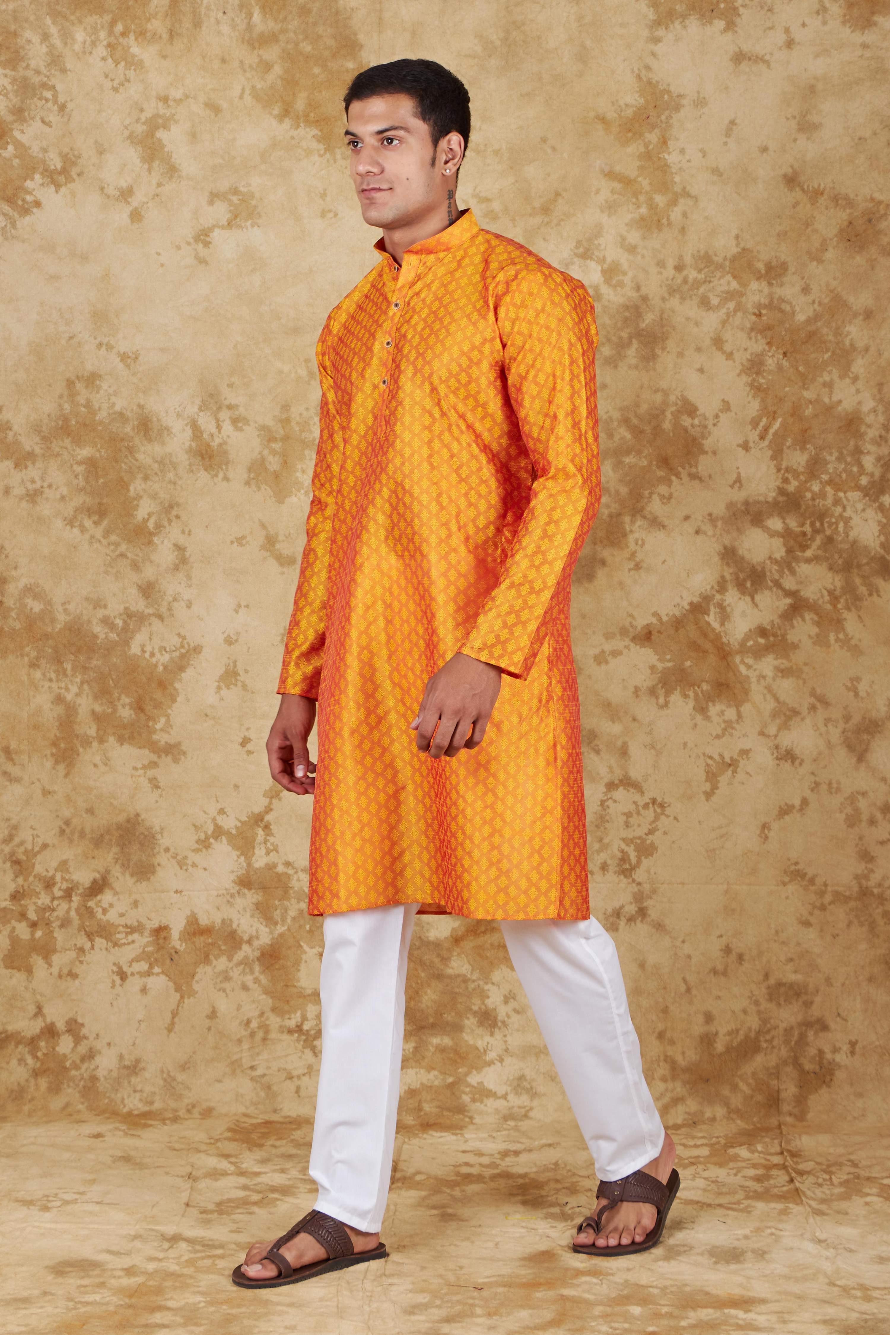 Bluesaanchi Men's Orange Banarasi Silk Kurta Set - Distacart