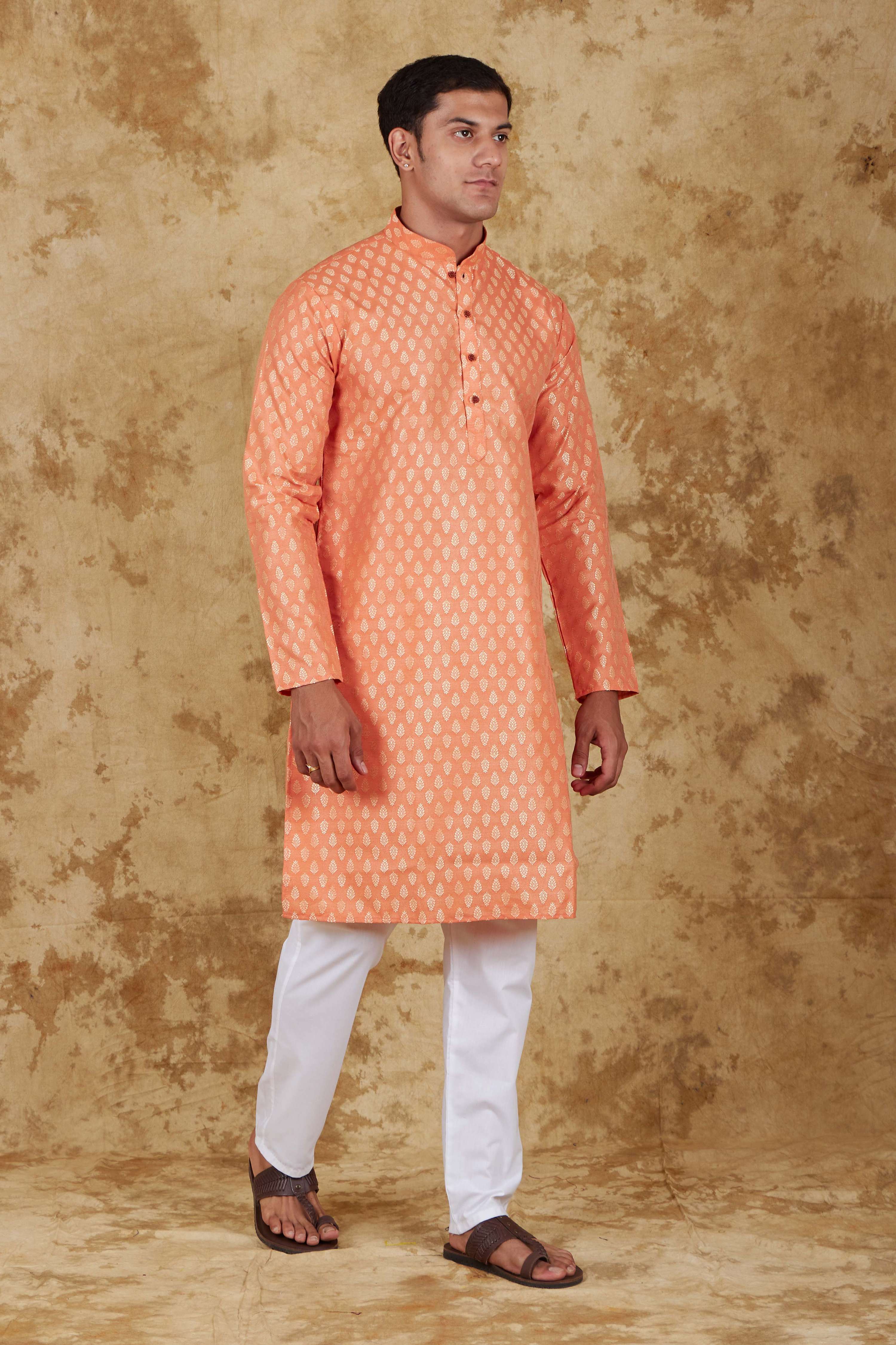 Bluesaanchi Men's Coral Banarasi Silk Kurta Set - Distacart