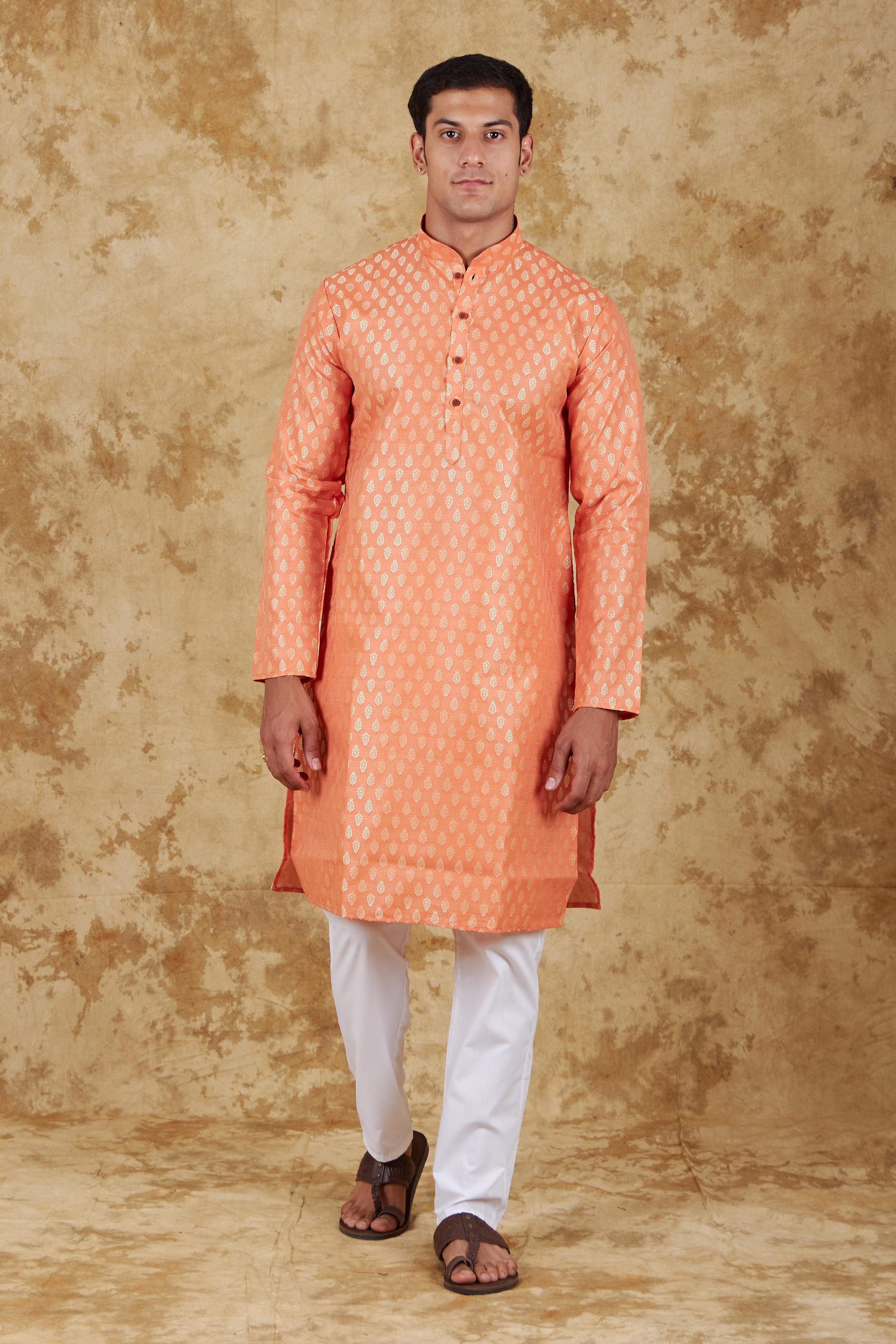 Bluesaanchi Men's Coral Banarasi Silk Kurta Set - Distacart