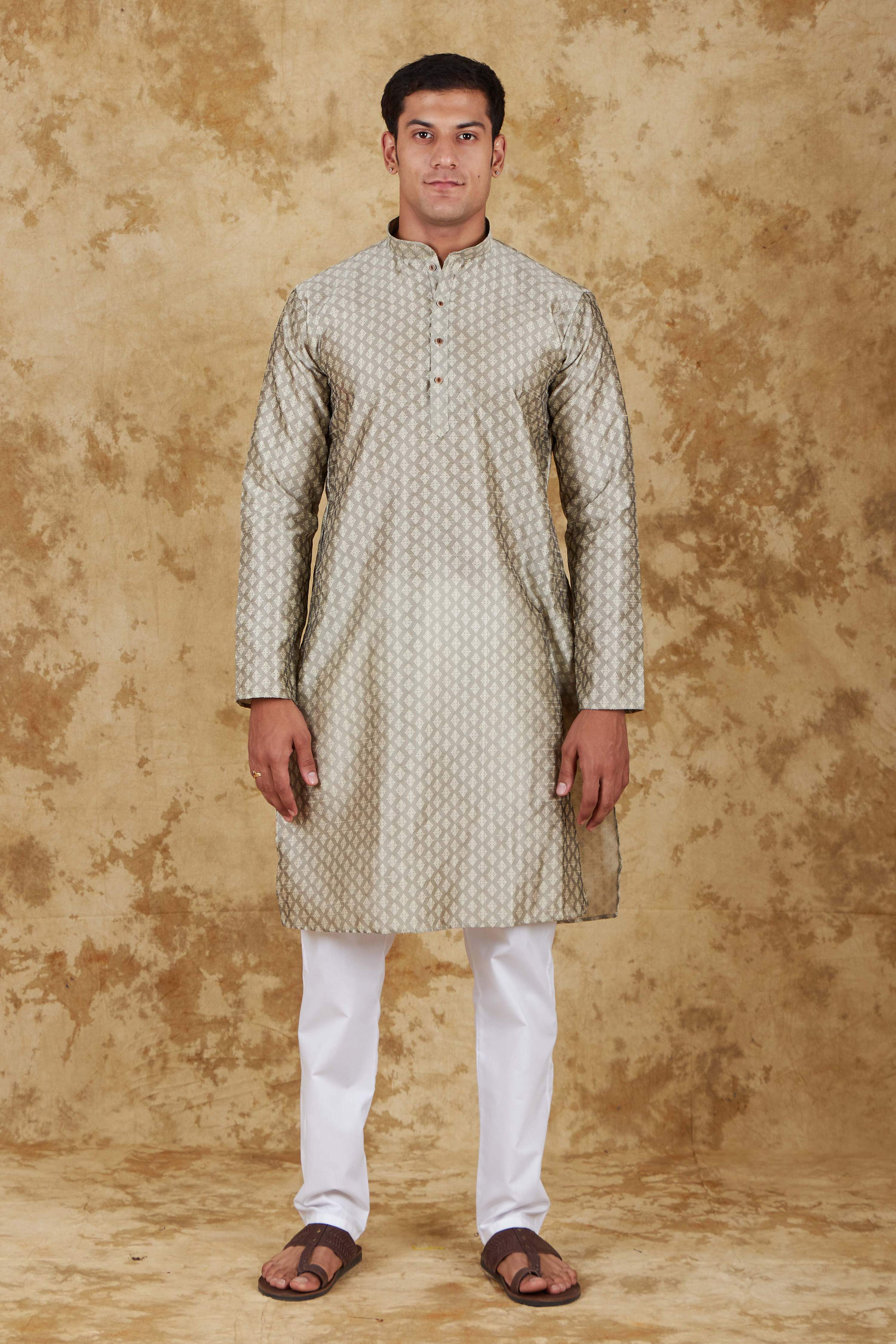 Bluesaanchi Men's Sliver Banarasi Silk Kurta Set - Distacart