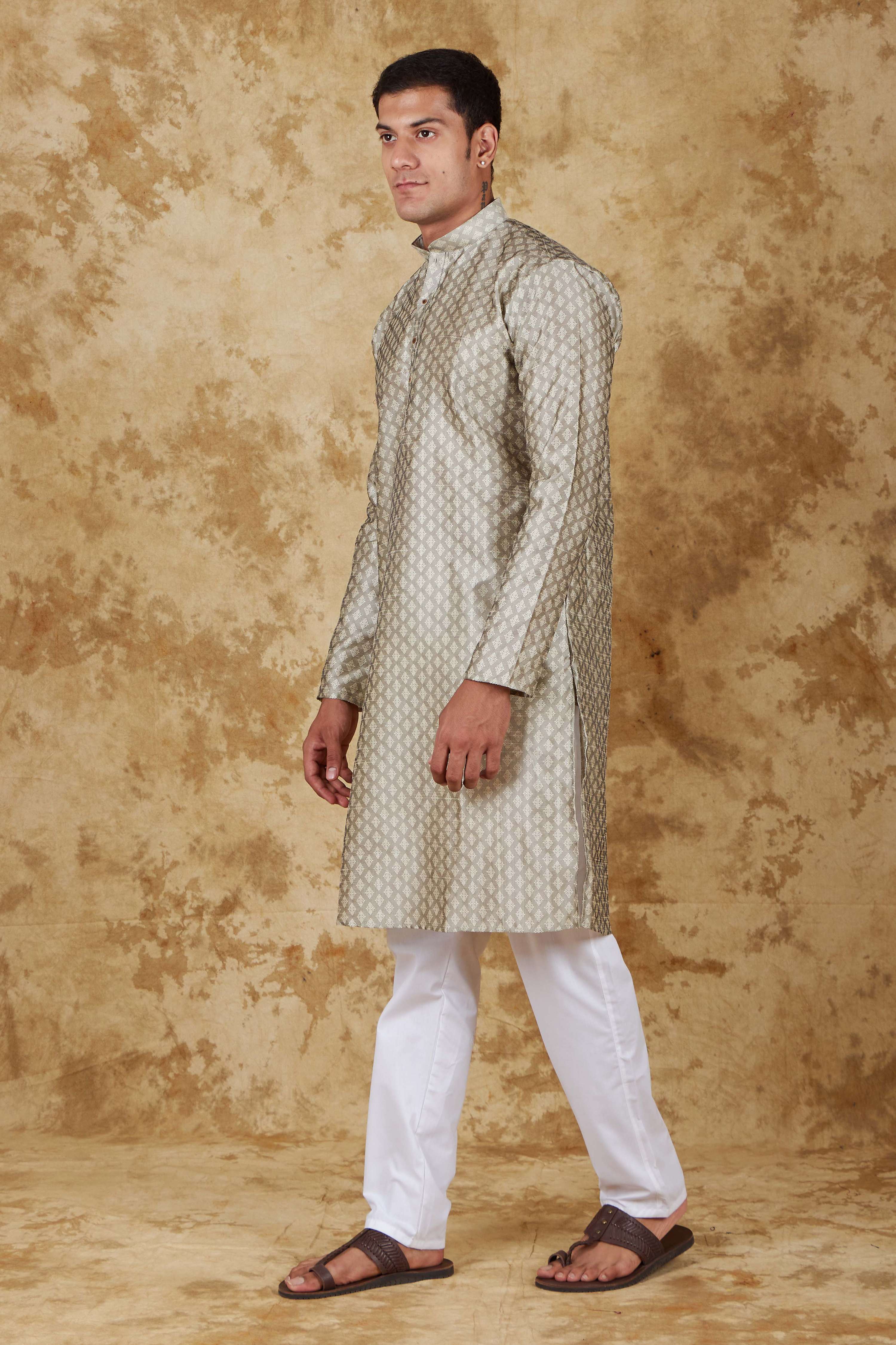 Bluesaanchi Men's Sliver Banarasi Silk Kurta Set - Distacart