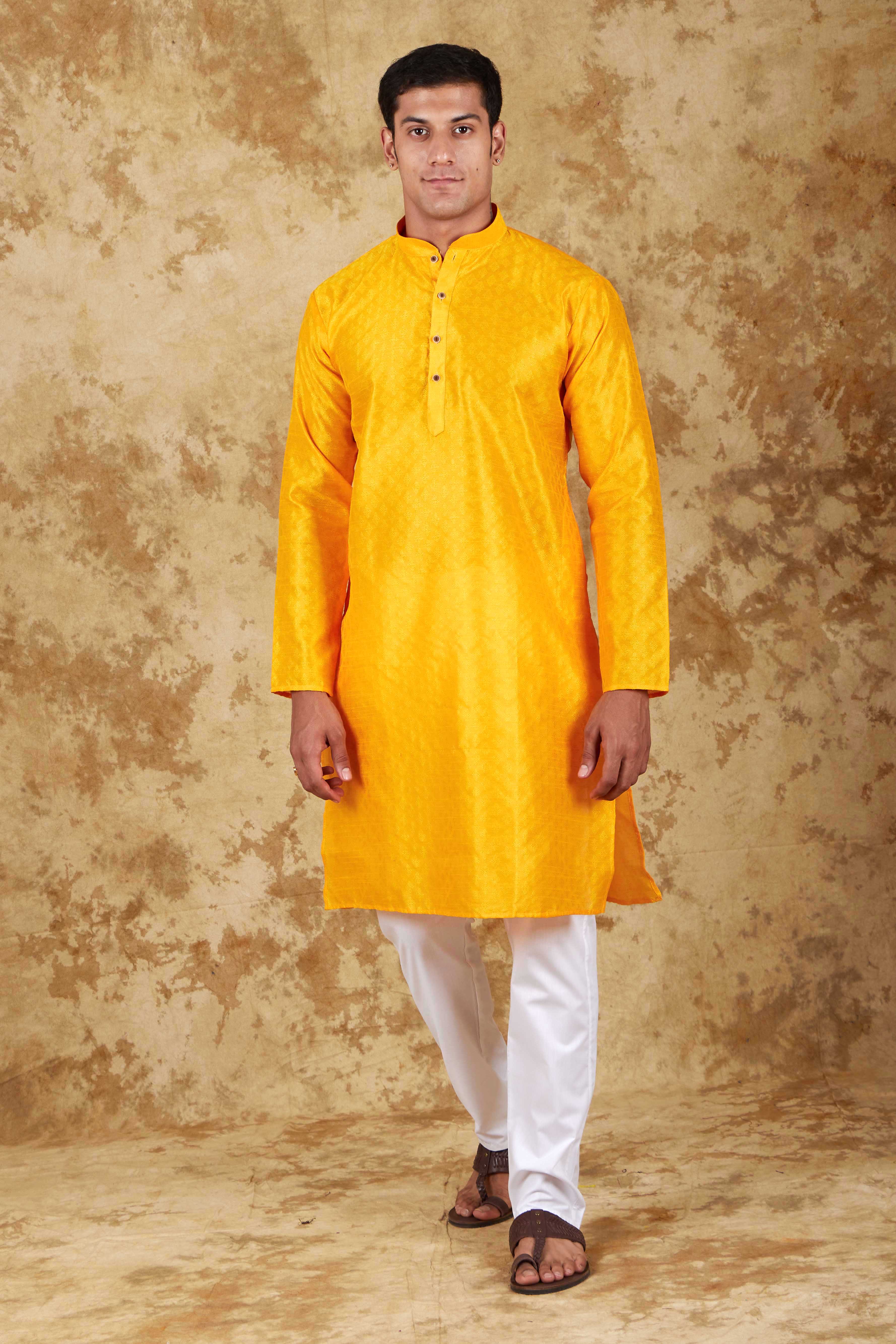 Bluesaanchi Men's Yellow Banarasi Silk Kurta Set - Distacart