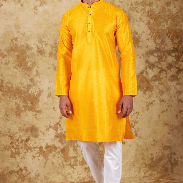 Bluesaanchi Men's Yellow Banarasi Silk Kurta Set - Distacart