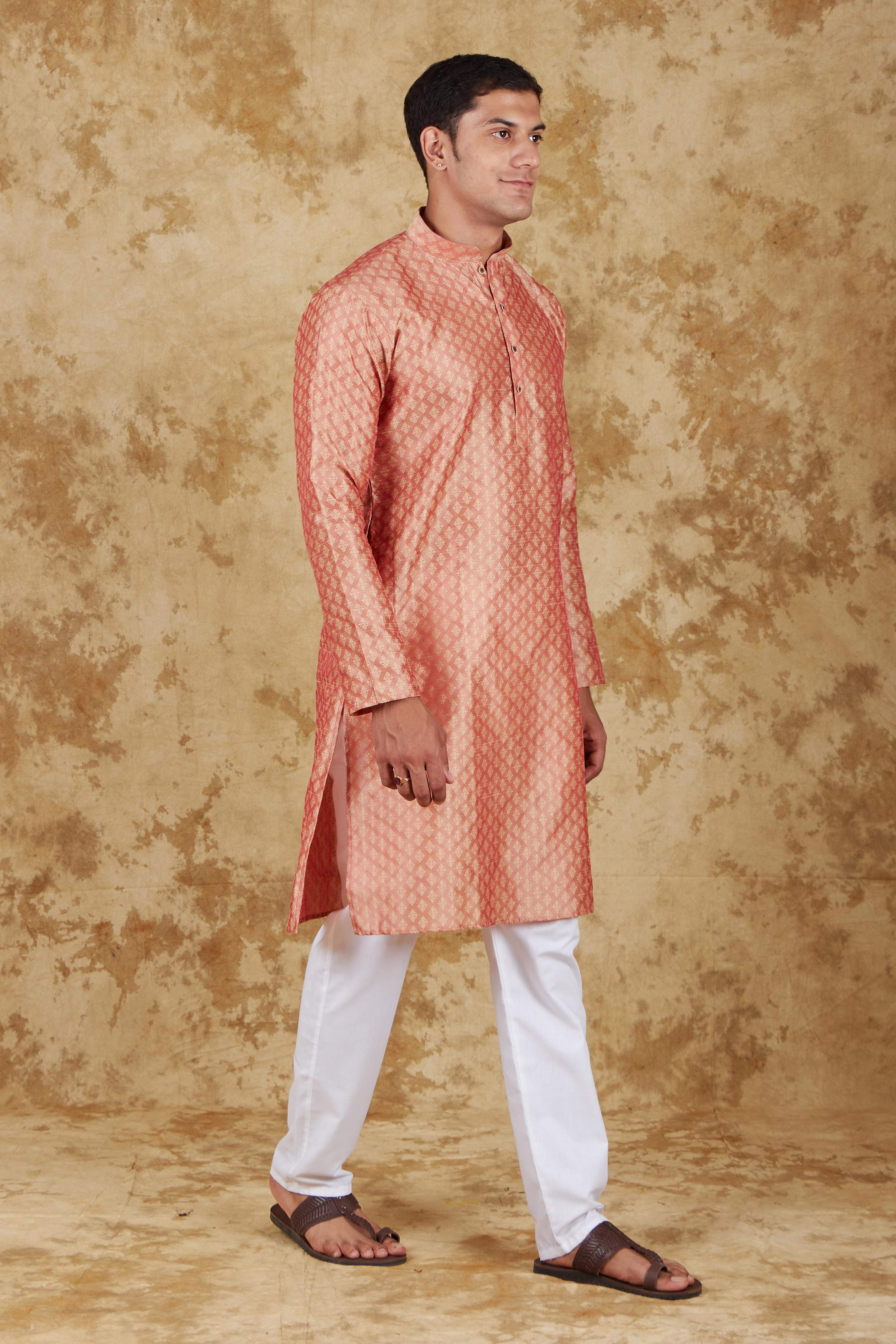 Bluesaanchi Men's Salmon Banarasi Silk Kurta Set - Distacart