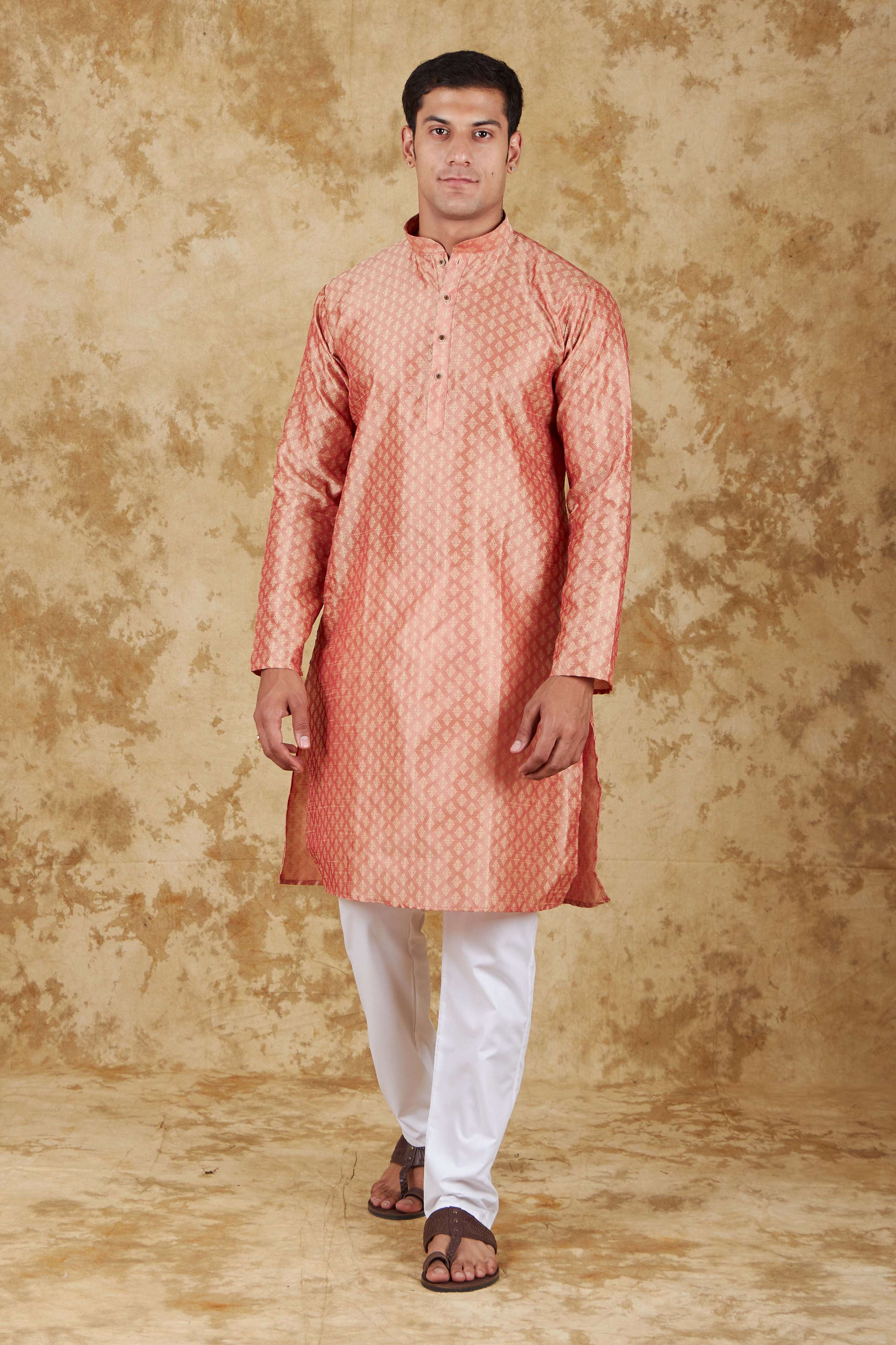 Bluesaanchi Men's Salmon Banarasi Silk Kurta Set - Distacart