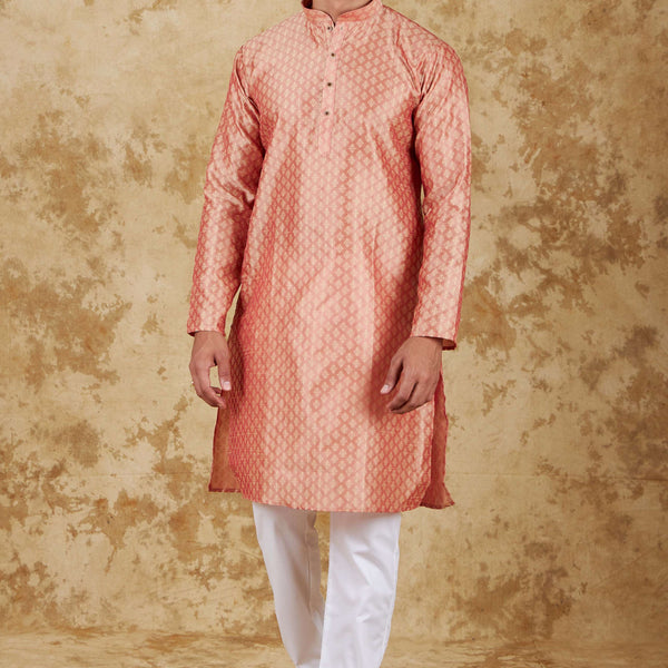 Bluesaanchi Men's Salmon Banarasi Silk Kurta Set - Distacart