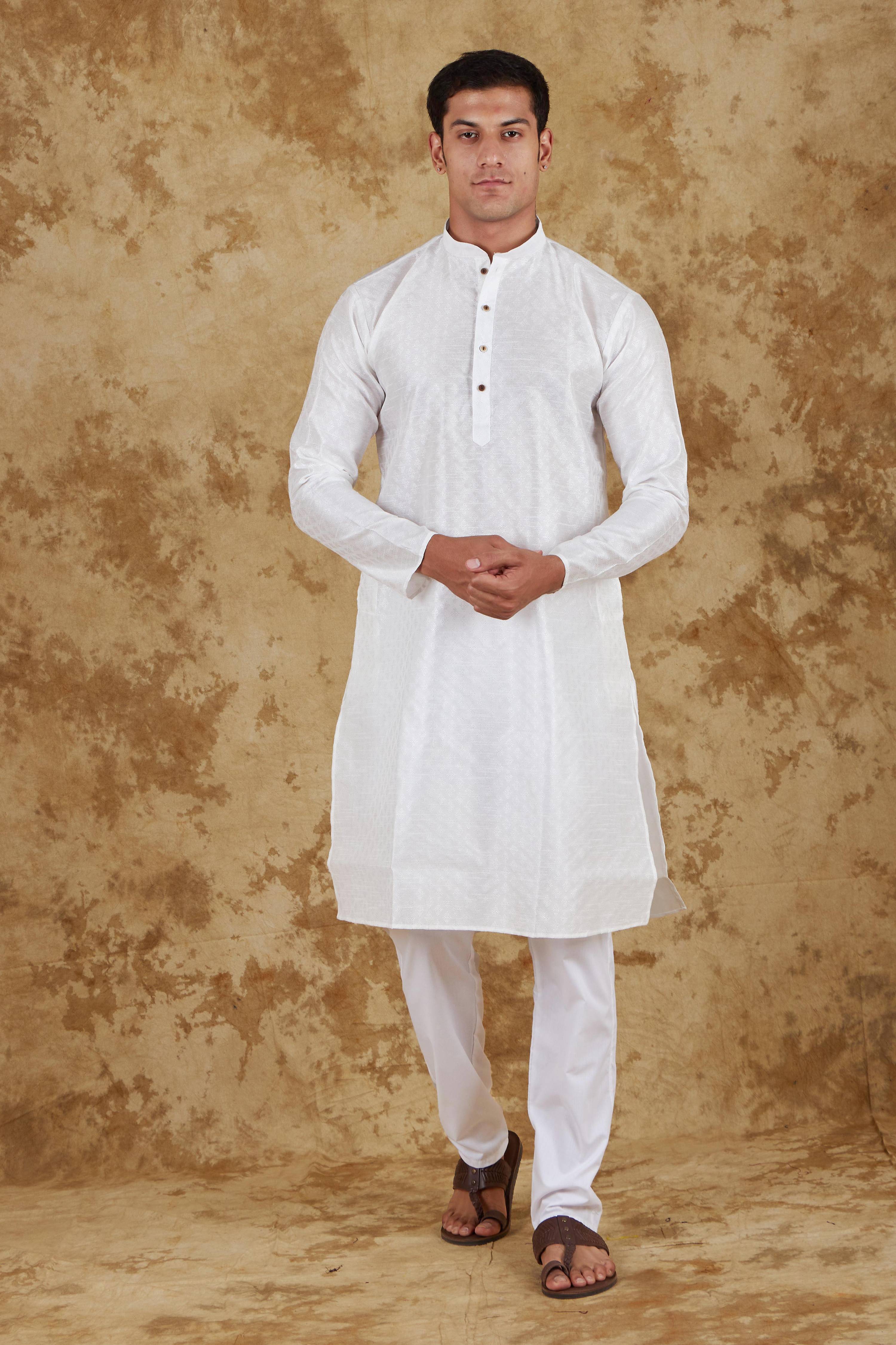 Bluesaanchi Men's White Banarasi Silk Kurta Set - Distacart