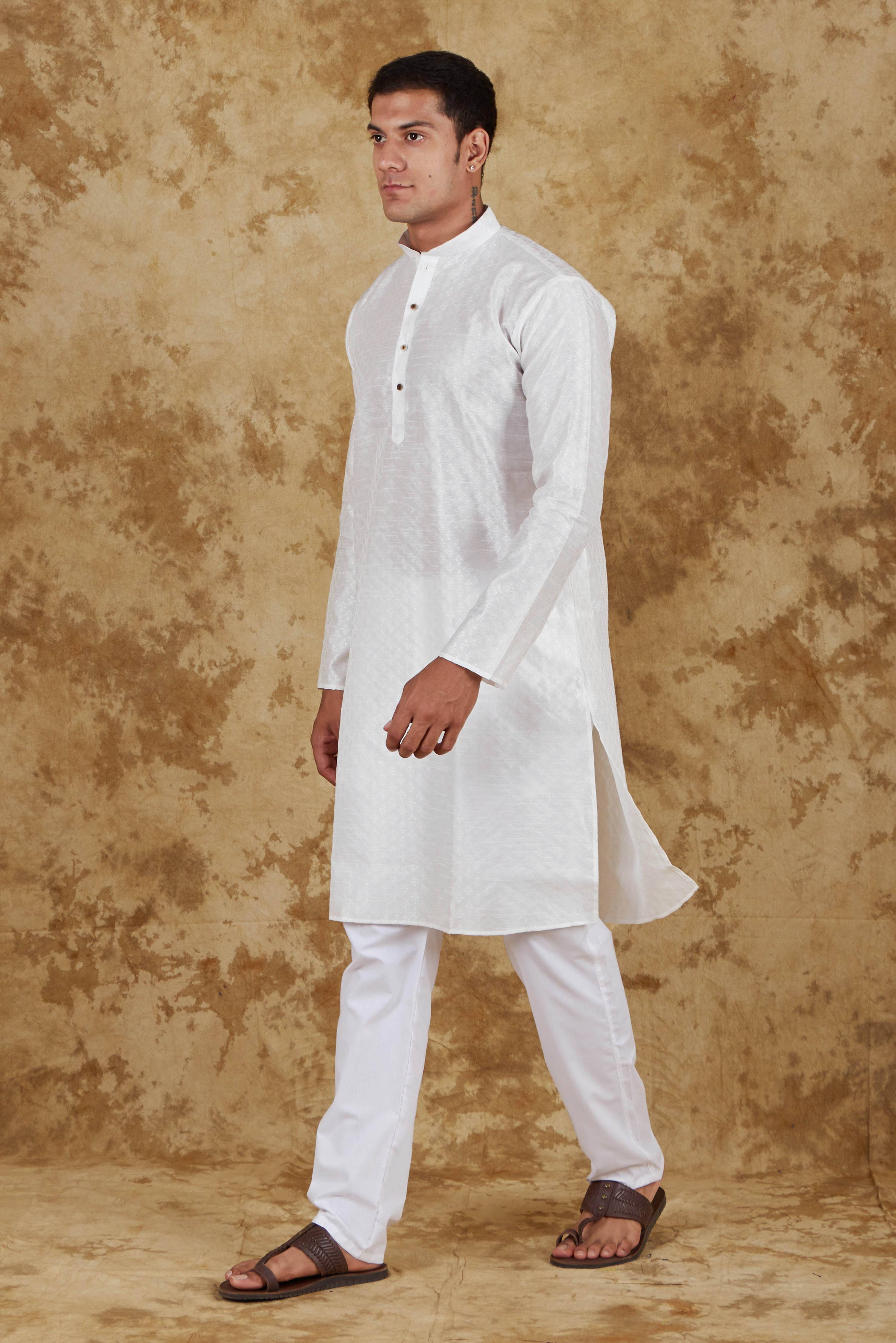 Bluesaanchi Men's White Banarasi Silk Kurta Set - Distacart