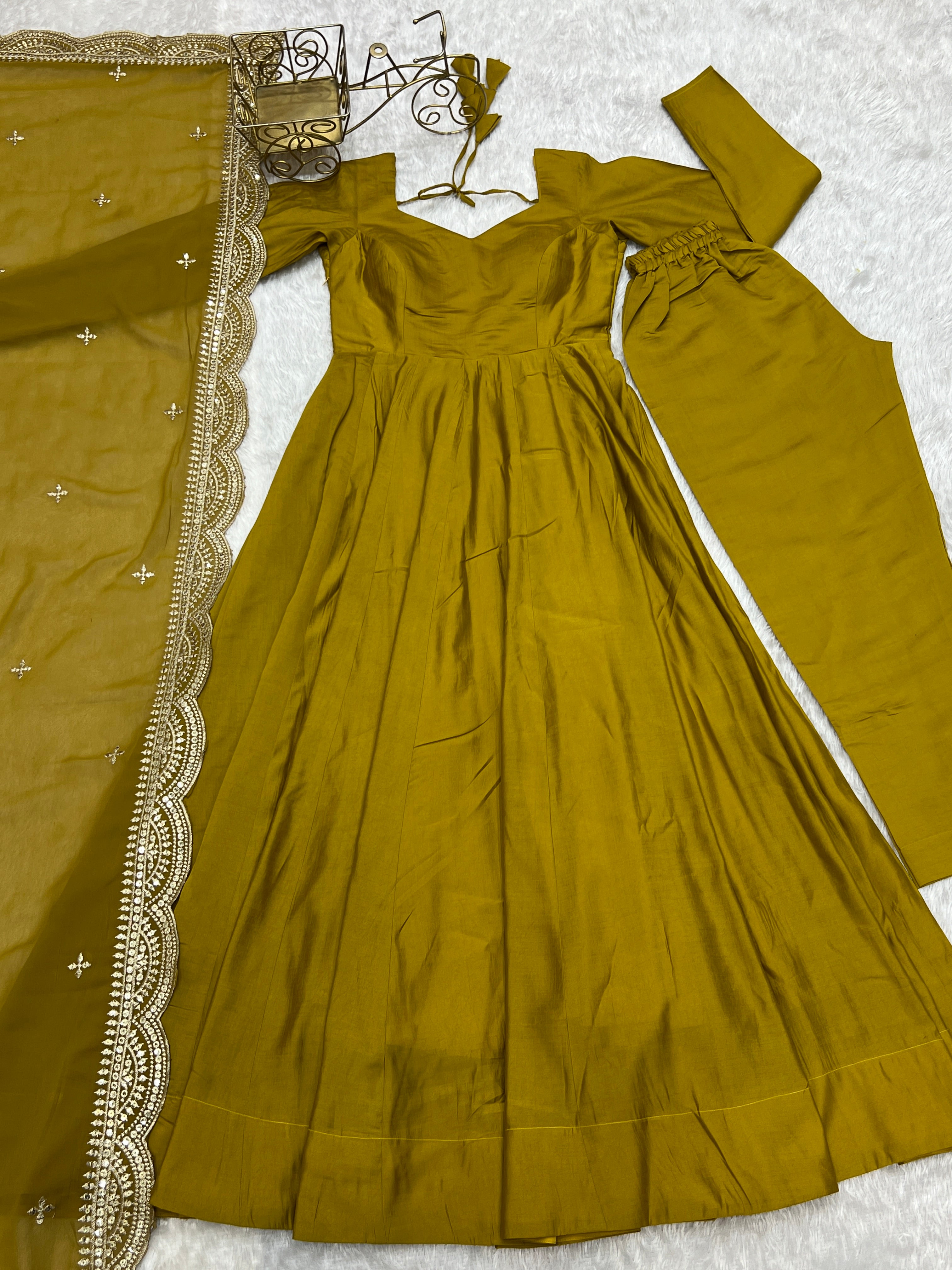 Lorenvalley Fashion Yellow Pure Roman Silk Chanderi Fabric Fully Flared Anarkali Pant With Dupatta Set - Yellow - Distacart