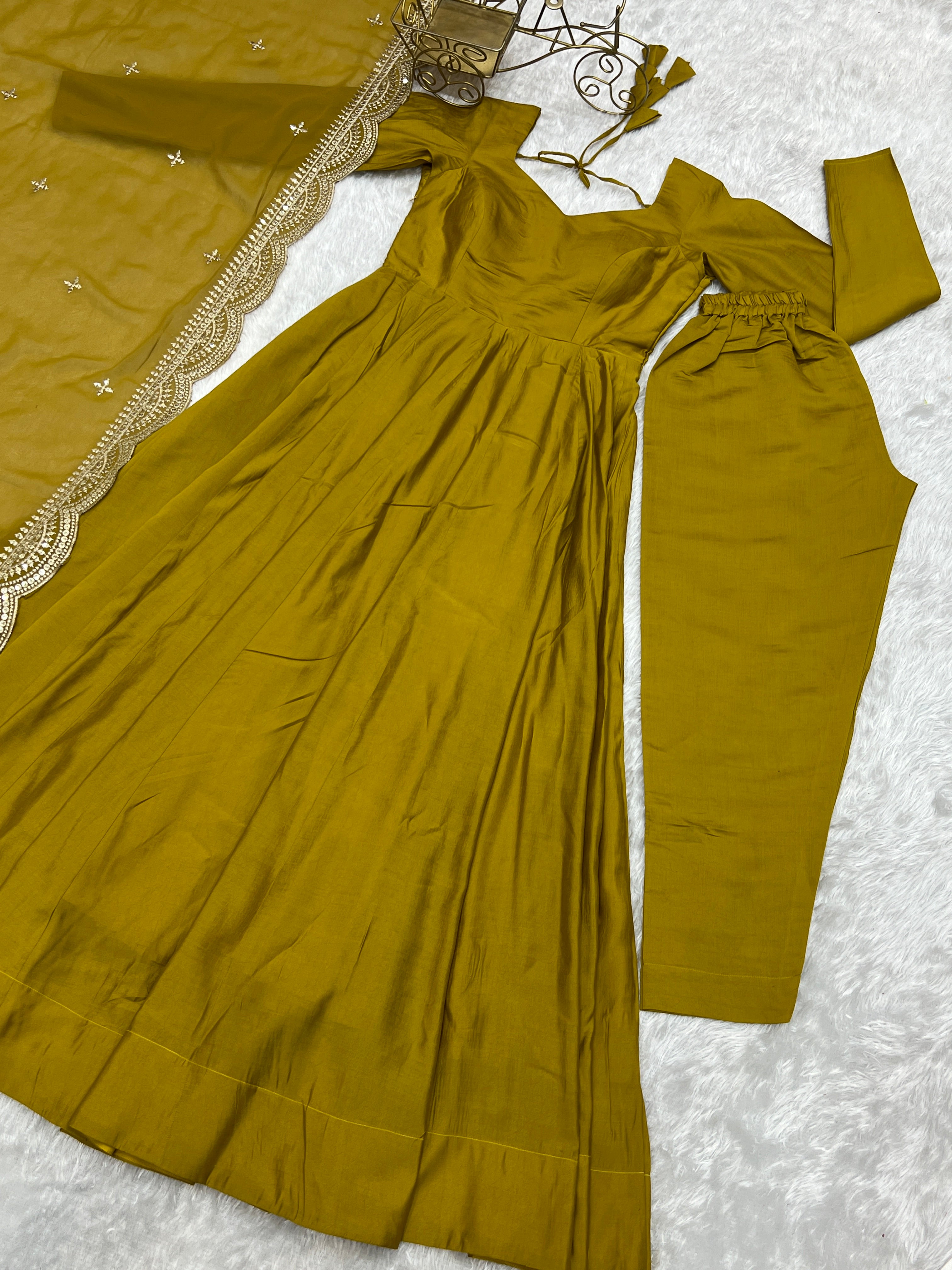 Lorenvalley Fashion Yellow Pure Roman Silk Chanderi Fabric Fully Flared Anarkali Pant With Dupatta Set - Yellow - Distacart