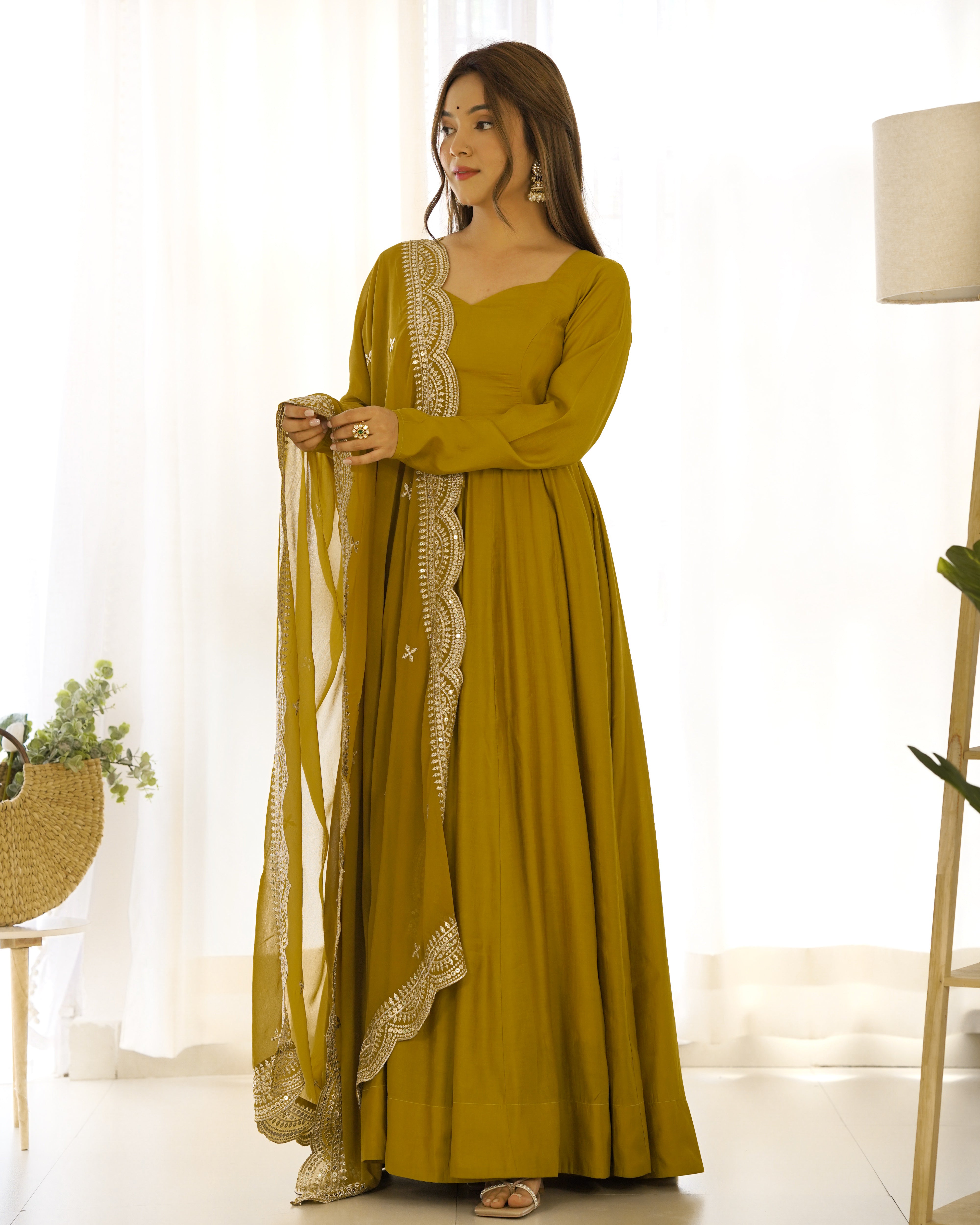 Lorenvalley Fashion Yellow Pure Roman Silk Chanderi Fabric Fully Flared Anarkali Pant With Dupatta Set - Yellow - Distacart