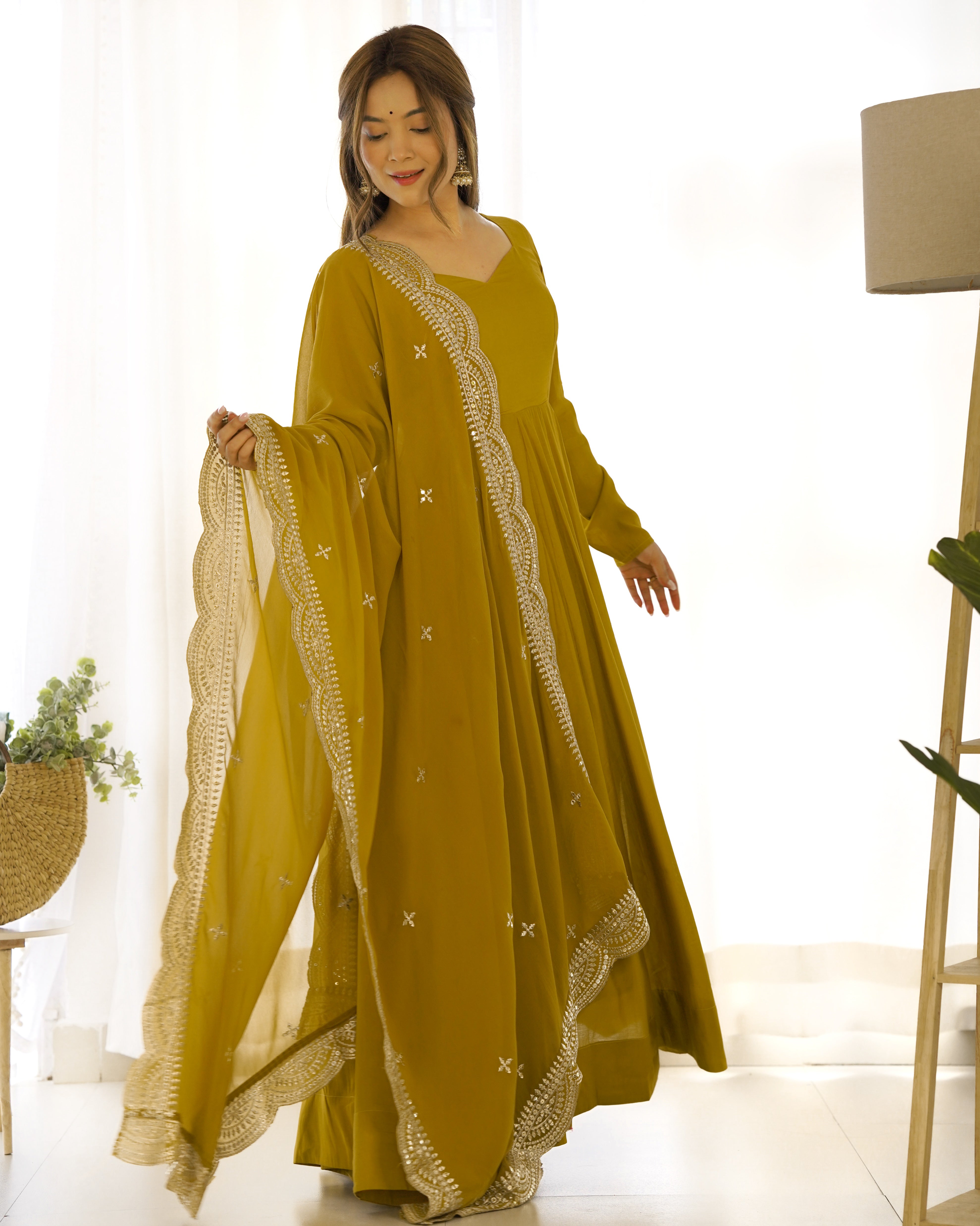 Lorenvalley Fashion Yellow Pure Roman Silk Chanderi Fabric Fully Flared Anarkali Pant With Dupatta Set - Yellow - Distacart